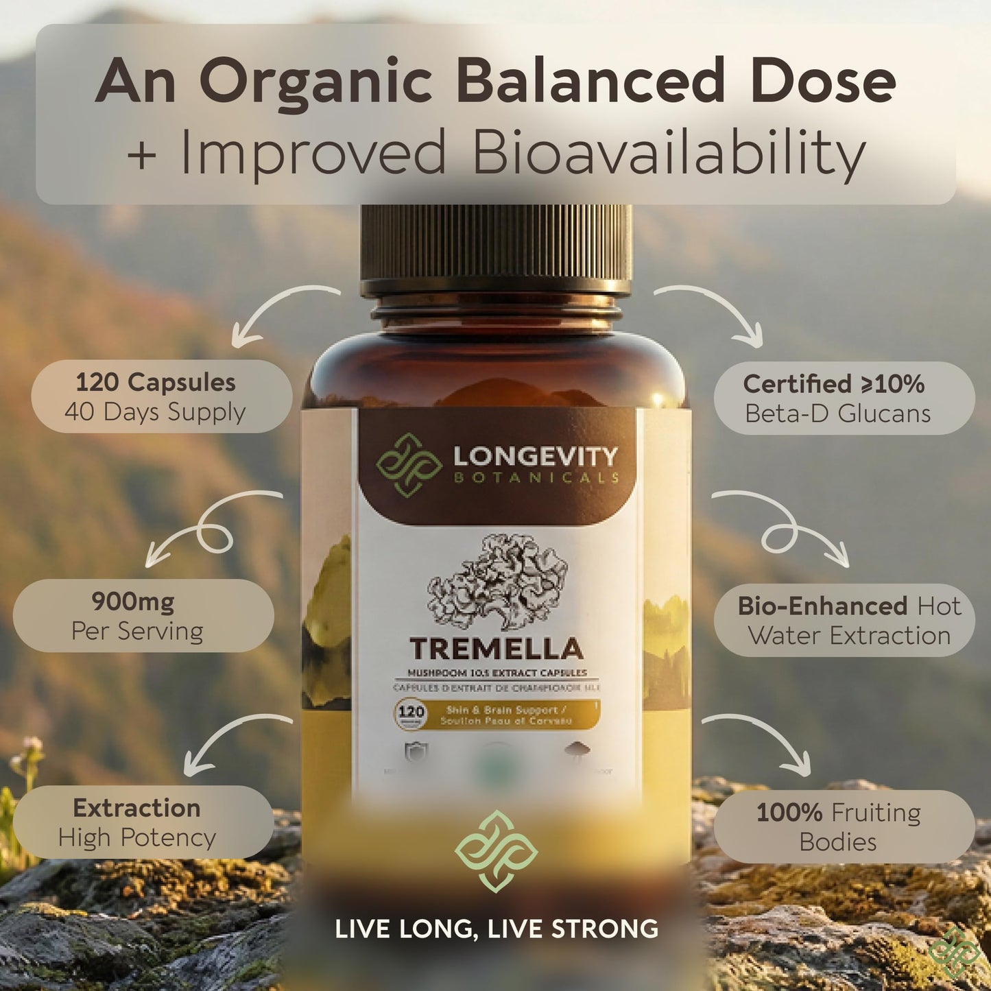 Longevity Botanicals Organic Tremella Mushroom Capsules, 120 Count
