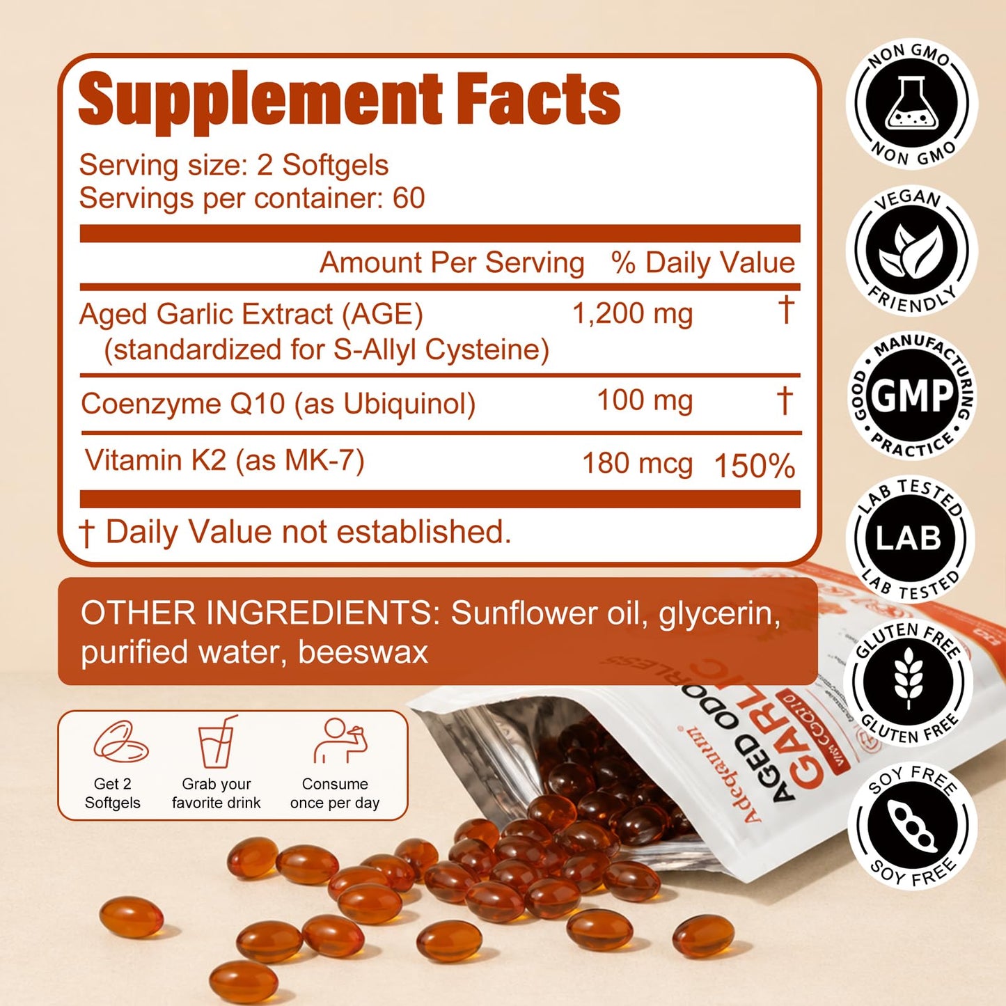 Adeqauom Aged Garlic Extract Softgels 1200 mg Odorless with CoQ10 Ubiquinol & Vitamin K2, 2 Years Aged Matured Standardized for S-Allyl Cysteine, Heart & Immune Antioxidant Supplements, 120 Softgels