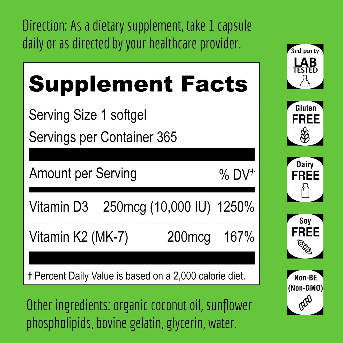 UpNourish Liposomal D3 K2 Vitamin 10000 IU D3 and K2 MK-7 200 mcg Softgels 365