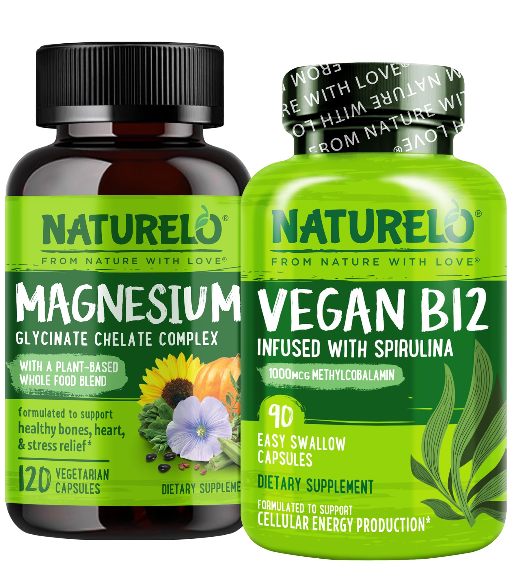 NATURELO Vegan B12 Methyl B12 with Organic Spirulina and Magnesium Glycinate Chelate Complex 210 Capsules