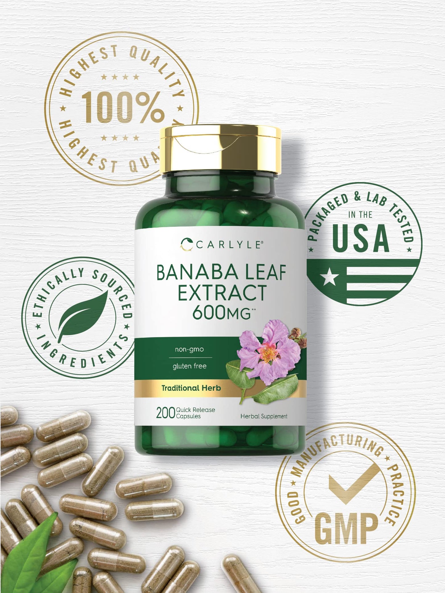 Carlyle Banaba Leaf Extract Capsules, Non-GMO, Gluten Free, 200 Capsules