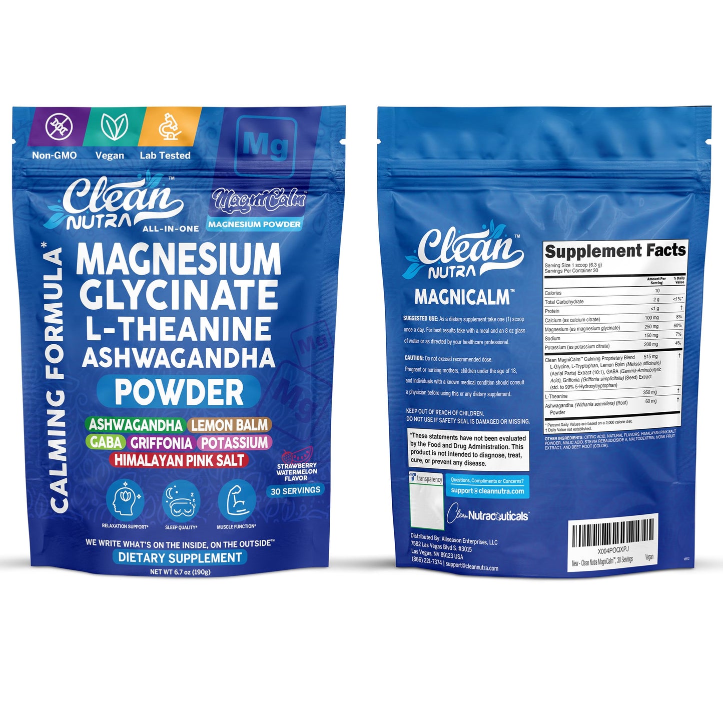 Clean Nutraceuticals Magnesium Glycinate Powder Supplement + L-Theanine, Ashwagandha, Glycine, Apigenin, Lemon Balm, GABA, 5-HTP, Pink Salt, Potassium, L-Tryptophan, Calcium 6.7 Ounce
