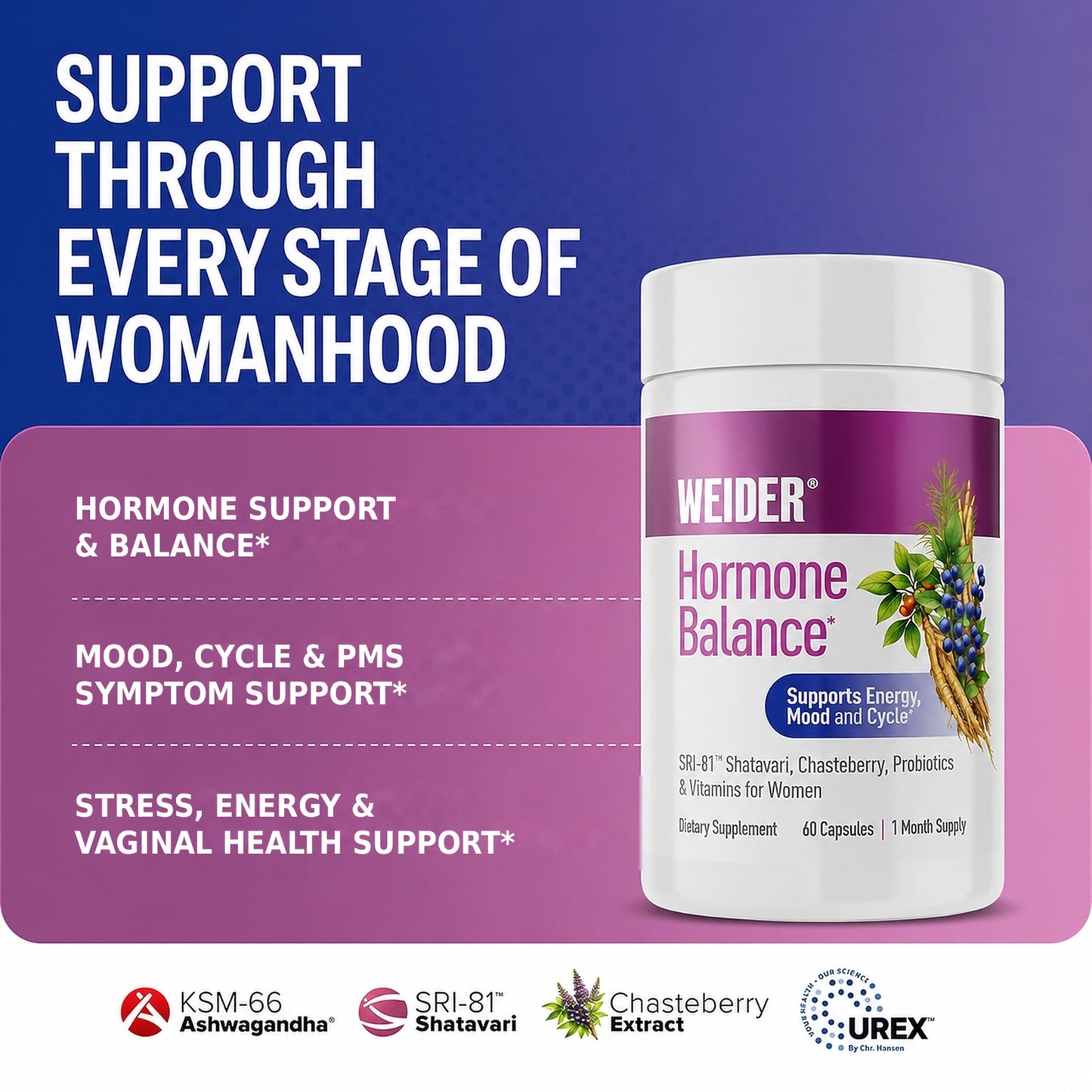 Weider Hormone Balance for Women with SRI-81 Shatavari, Chasteberry, Vitamins & Probiotics Supports Energy, Stress, Cycle Symptoms, and Vaginal Health Capsules 60 Capsules