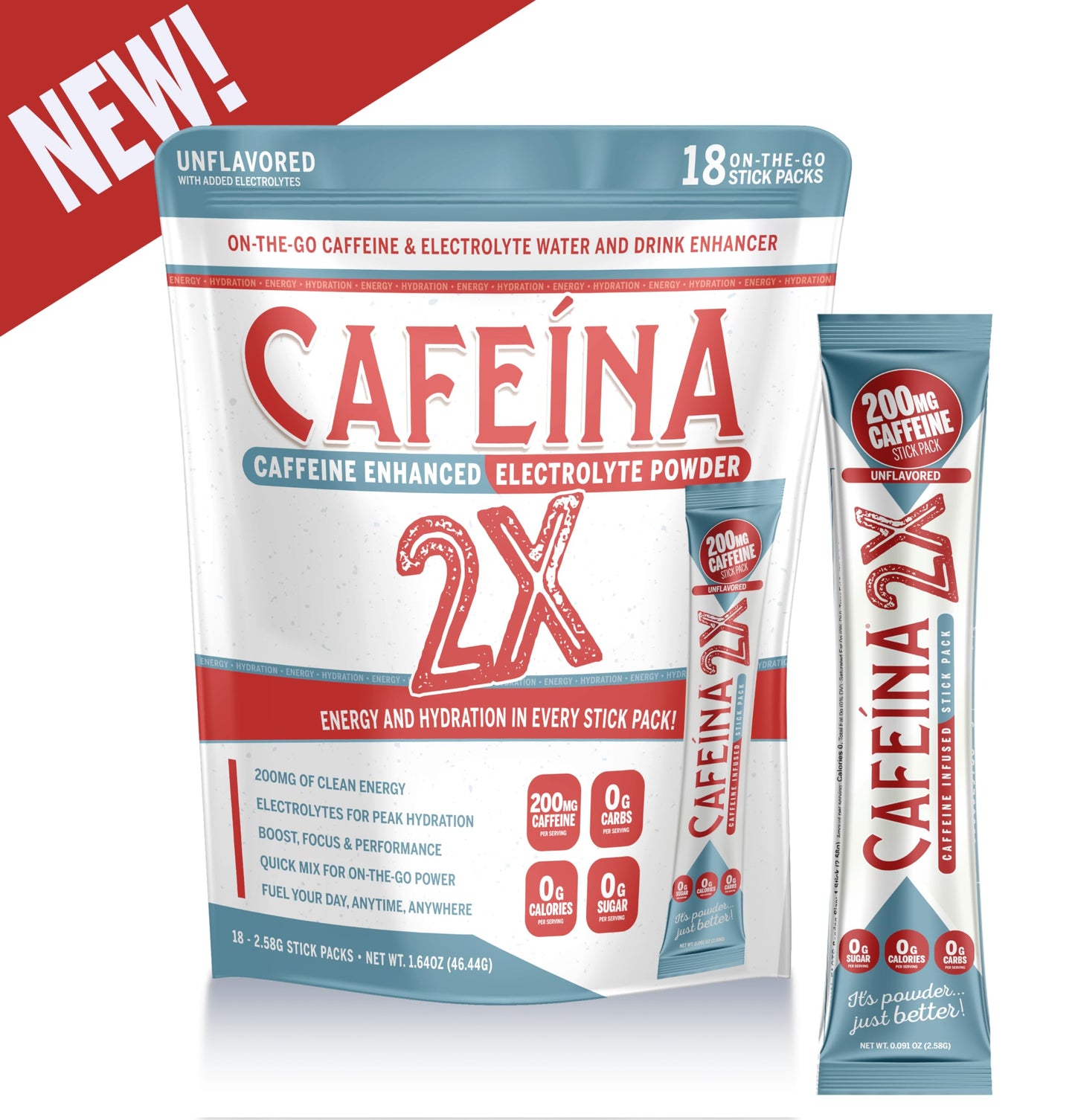 CAFEINA 2X 200mg Caffeine and Electrolyte Infused Powder Sticks, 18 Sticks