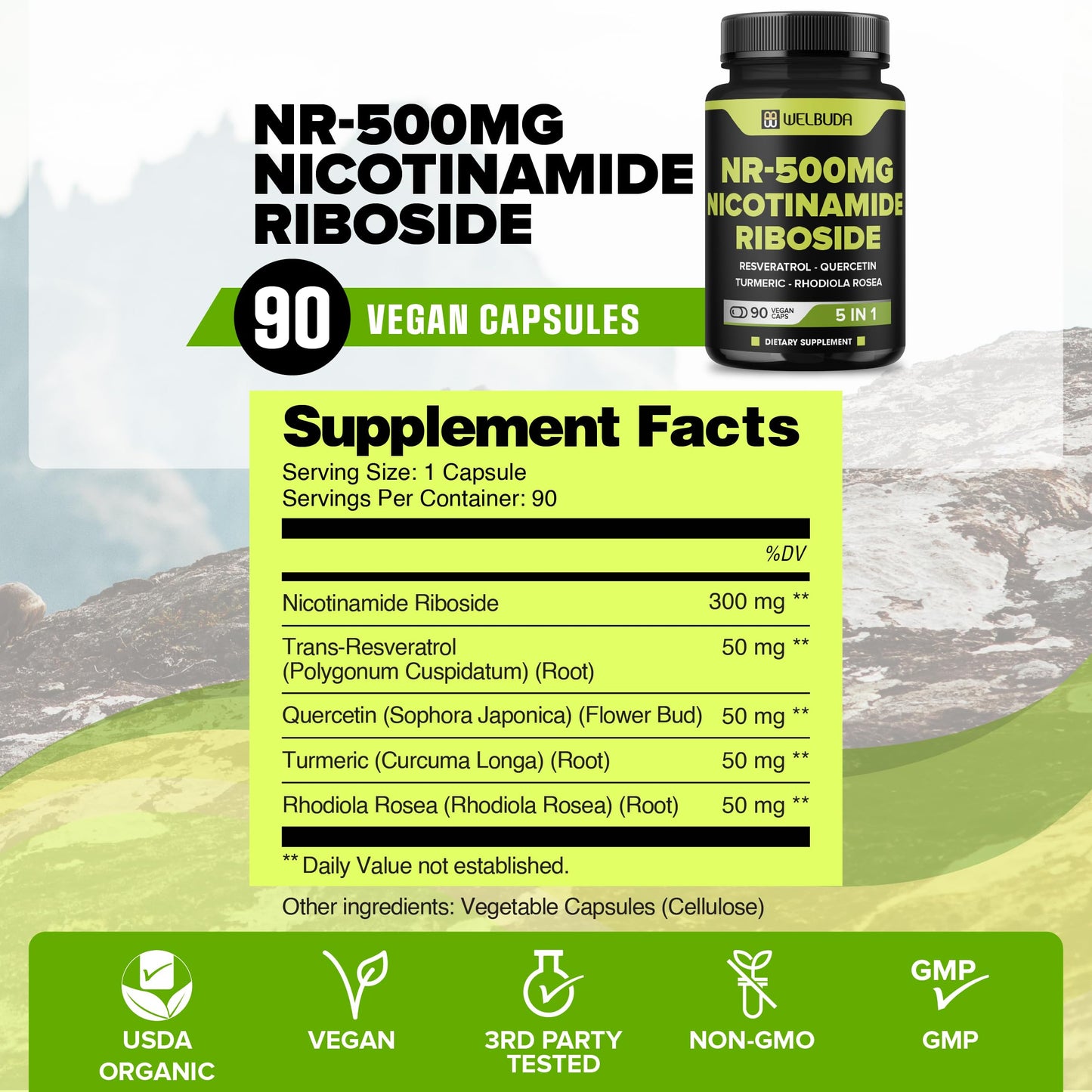 WELBUDA 5in1+ Nicotinamide Riboside Supplement with Resveratrol, Quercetin, Turmeric, Rhodiola Rosea Capsule, 90 Count