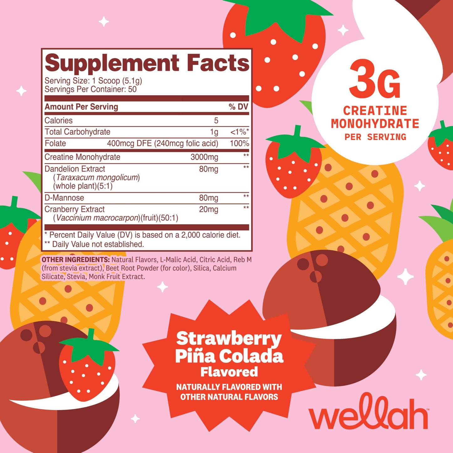 Wellah Creatine for Women (Strawberry Pina Colada) Powder, 50 Servings