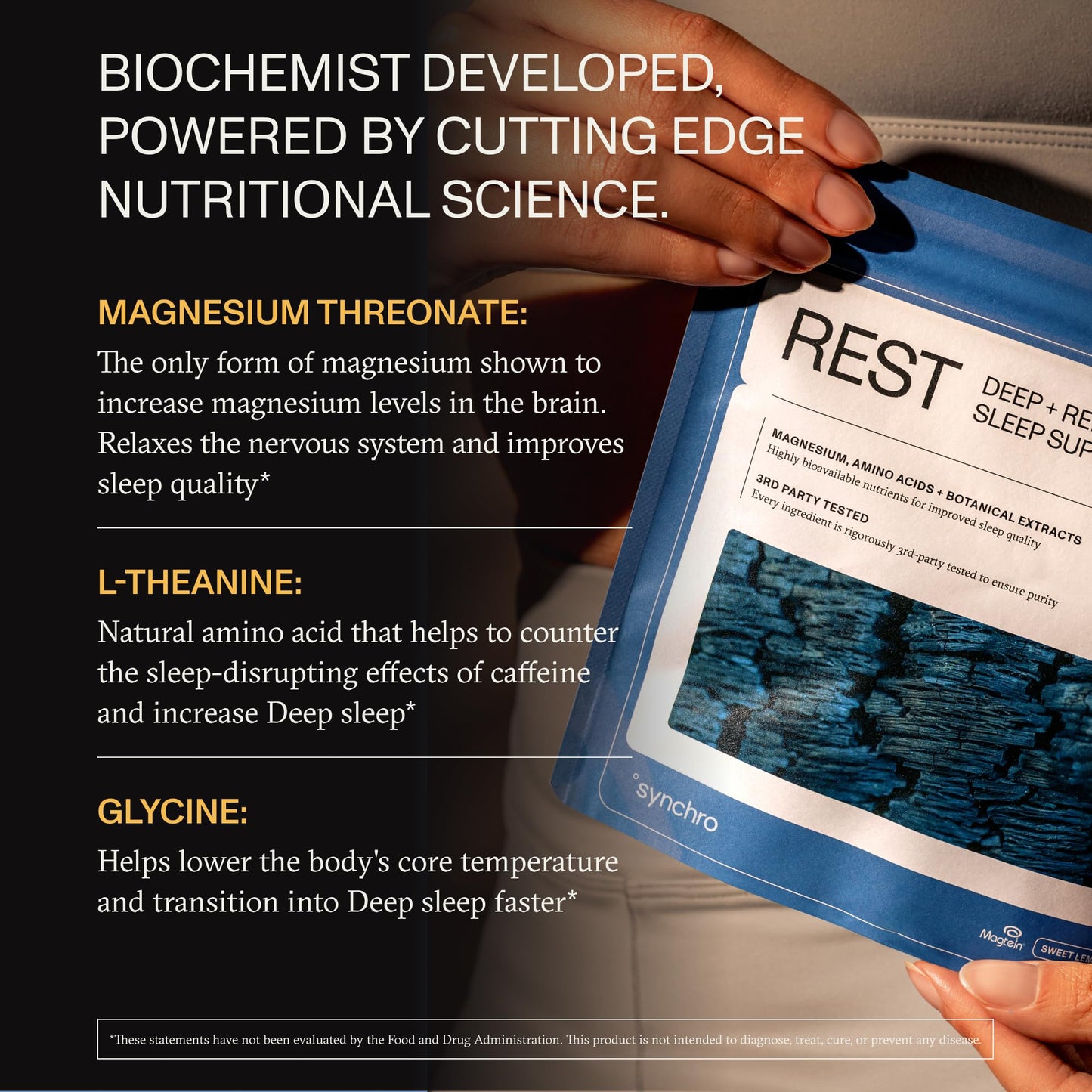 Synchro Rest Sleep Supplement Powder with Magnesium L-Threonate, L-Theanine, Glycine, Lemon Balm Extract & Apigenin - Melatonin-Free Magnesium Powder for Sleep - Sweet Lemon Flavor, 7.41 Ounce