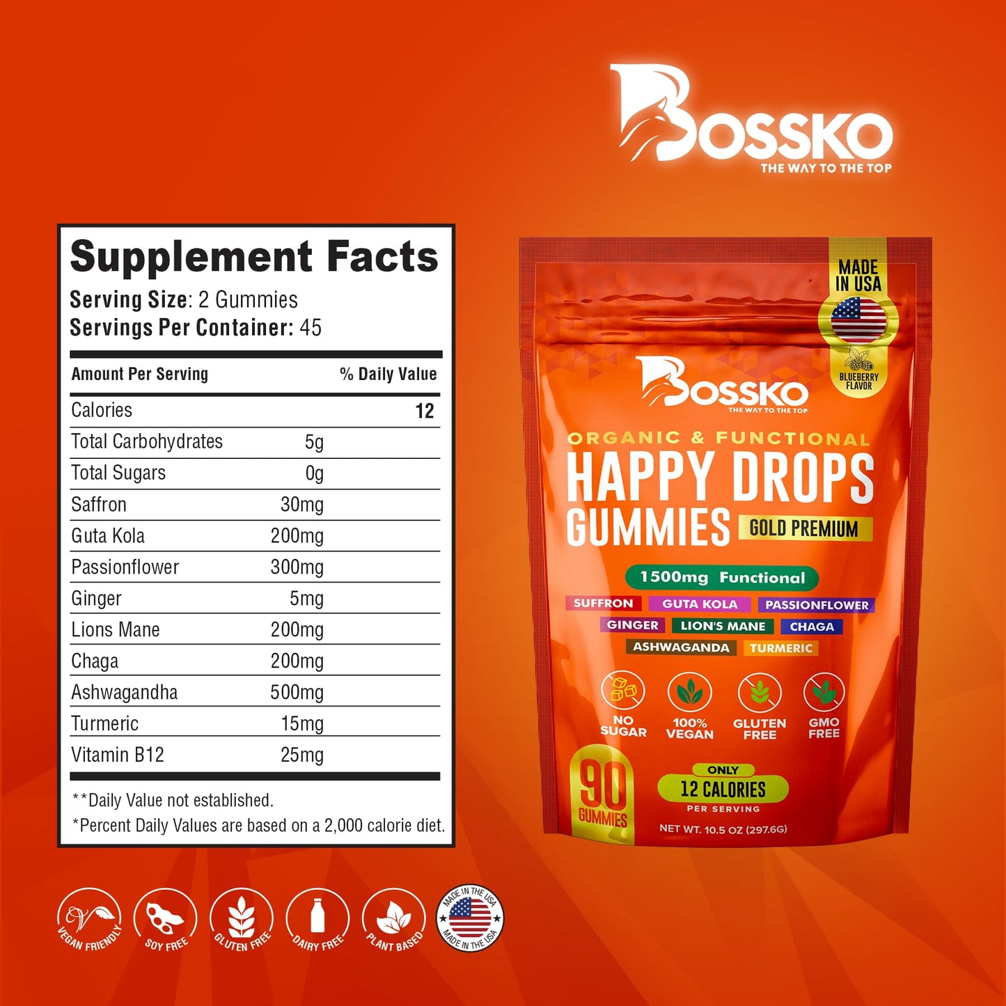 BOSSKO THE WAY TO THE TOP Happy Gummy Supplement 8-in-1 Advanced Formula Calm & Focus Support Gummies Blueberry Flavor 90 Count