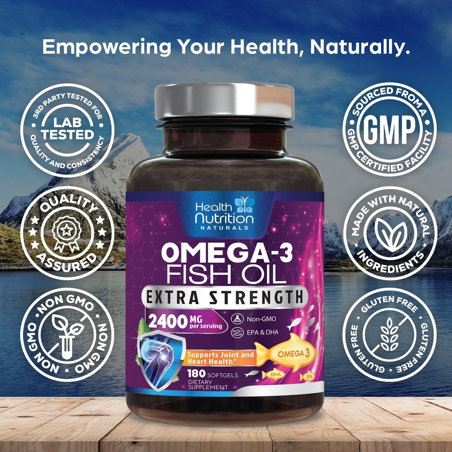 Health Nutrition Naturals Omega 3 Fish Oil Supplements Softgels, 180 Softgels