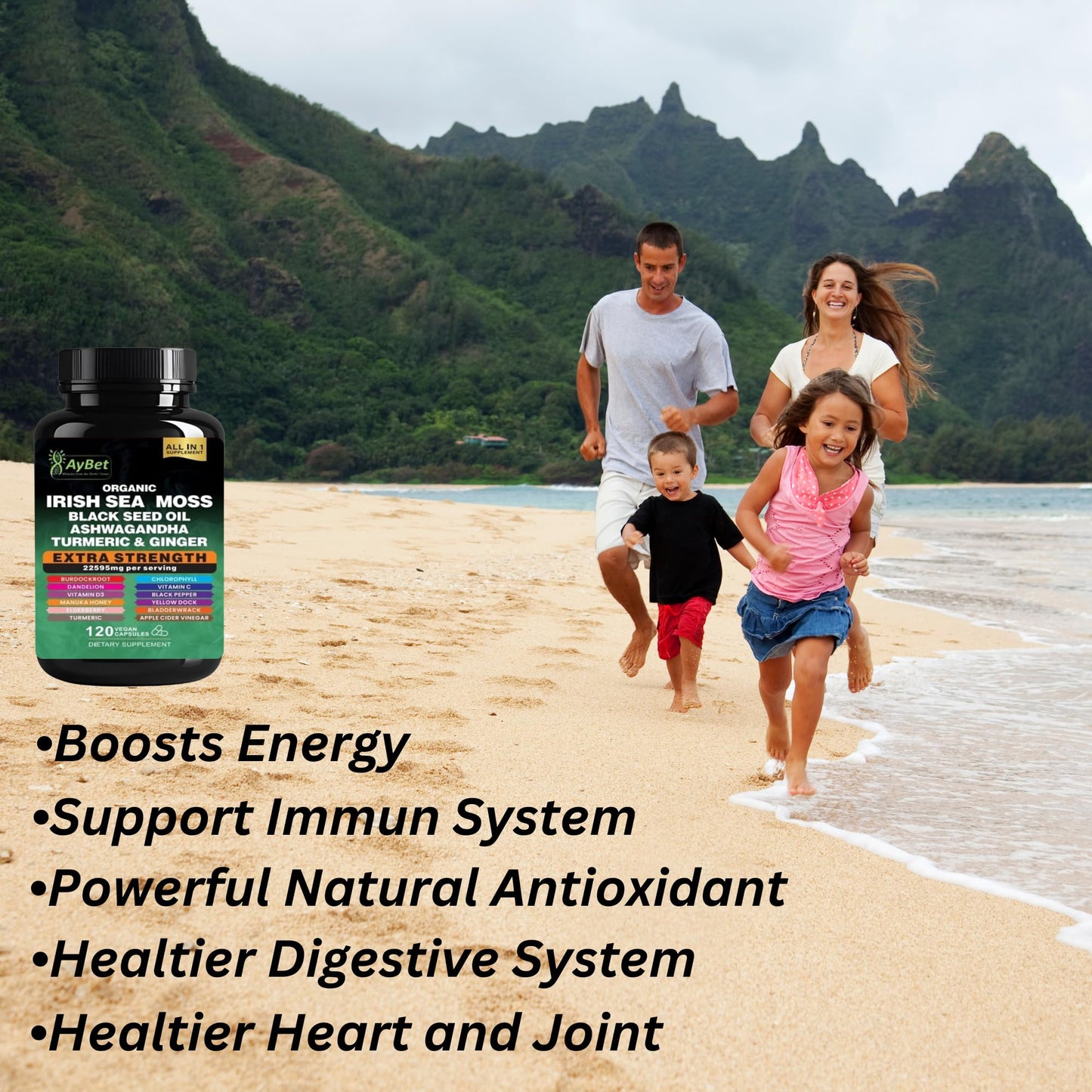 AyBet Organic Irish Sea Moss Capsules 120 Count – 16 in 1 Sea Moss Supplement with Black Seed Oil, Ashwagandha, Turmeric & Ginger, Bladderwrack & Burdock Root, Vitamin D3 – Organic, Vegan, Halal, Non-GMO