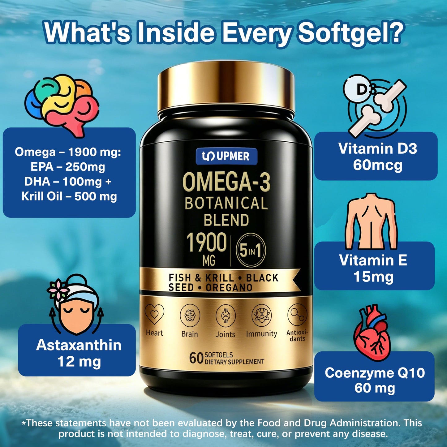 UPMER Omega 3 5-in-1 with Krill, Black Seed Oil & Oregano, 1900 mg per Serving with EPA, DHA, CoQ10, Astaxanthin, Vitamins D3 & E Softgels 60 Count