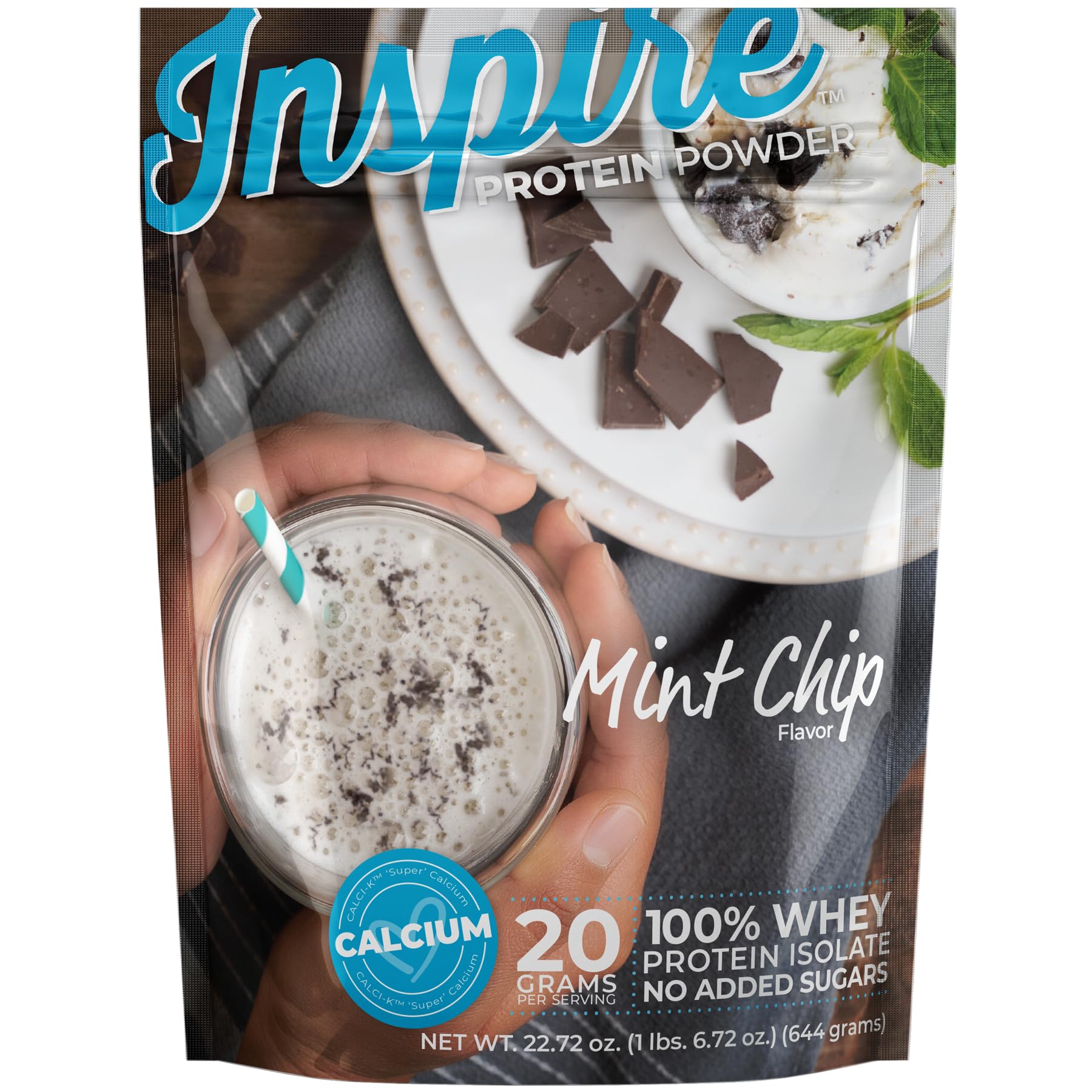 Bariatric Eating Inspire Mint Chip 20g Whey Protein Isolate Powder with Calcium, 20 Servings