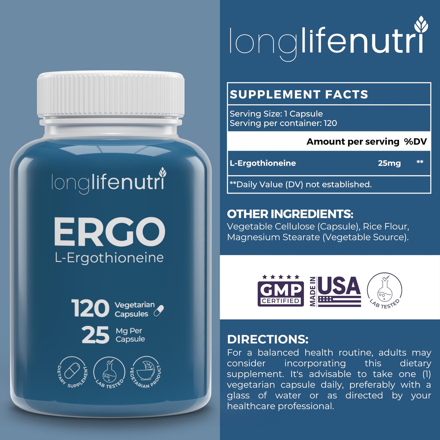 LongLifeNutri L-Ergothioneine 25mg Capsules, 120 Count
