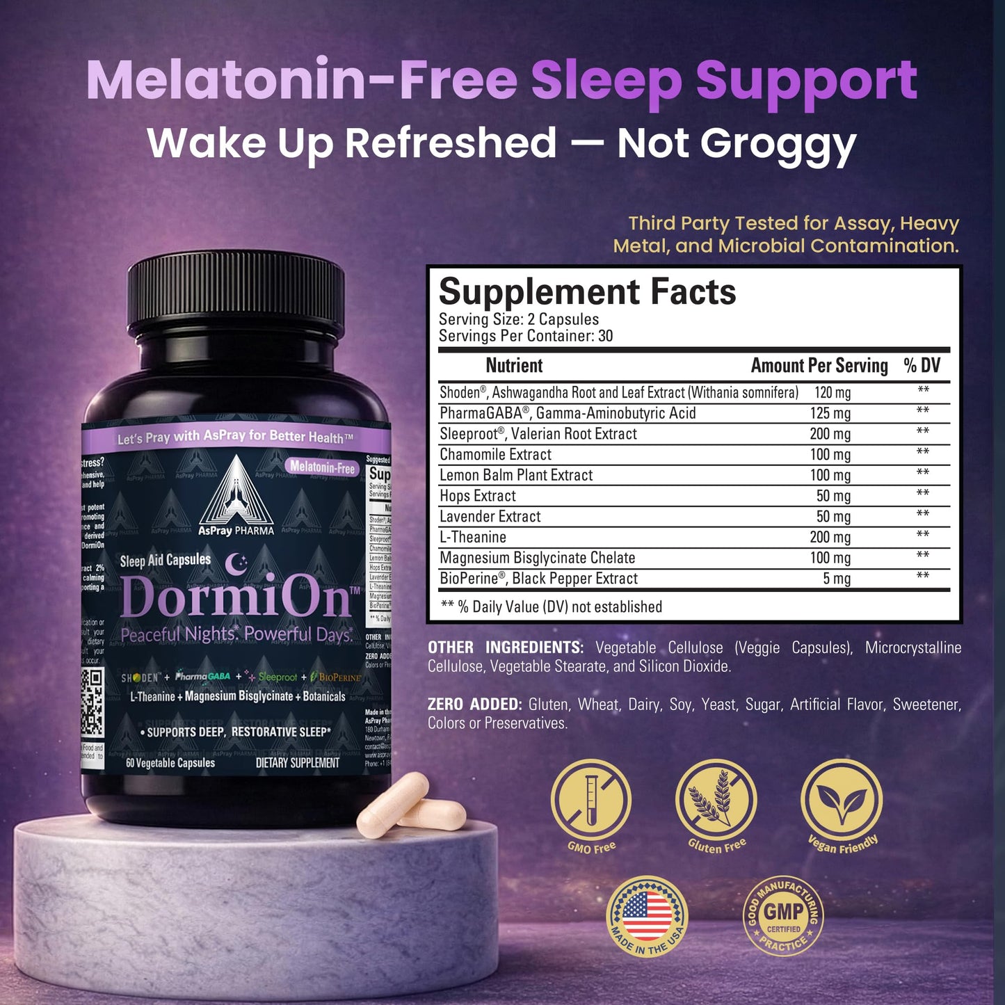 AsPray Pharma DormiOn Melatonin-Free 10-in-1 Stress Relief-Cortisol Reducer, Restorative Deep Sleep Aid for Adults – Clinically Studied Ashwagandha, GABA, Valarian and Magnesium, Non-Habit Forming, Vegan, 60 Capsules