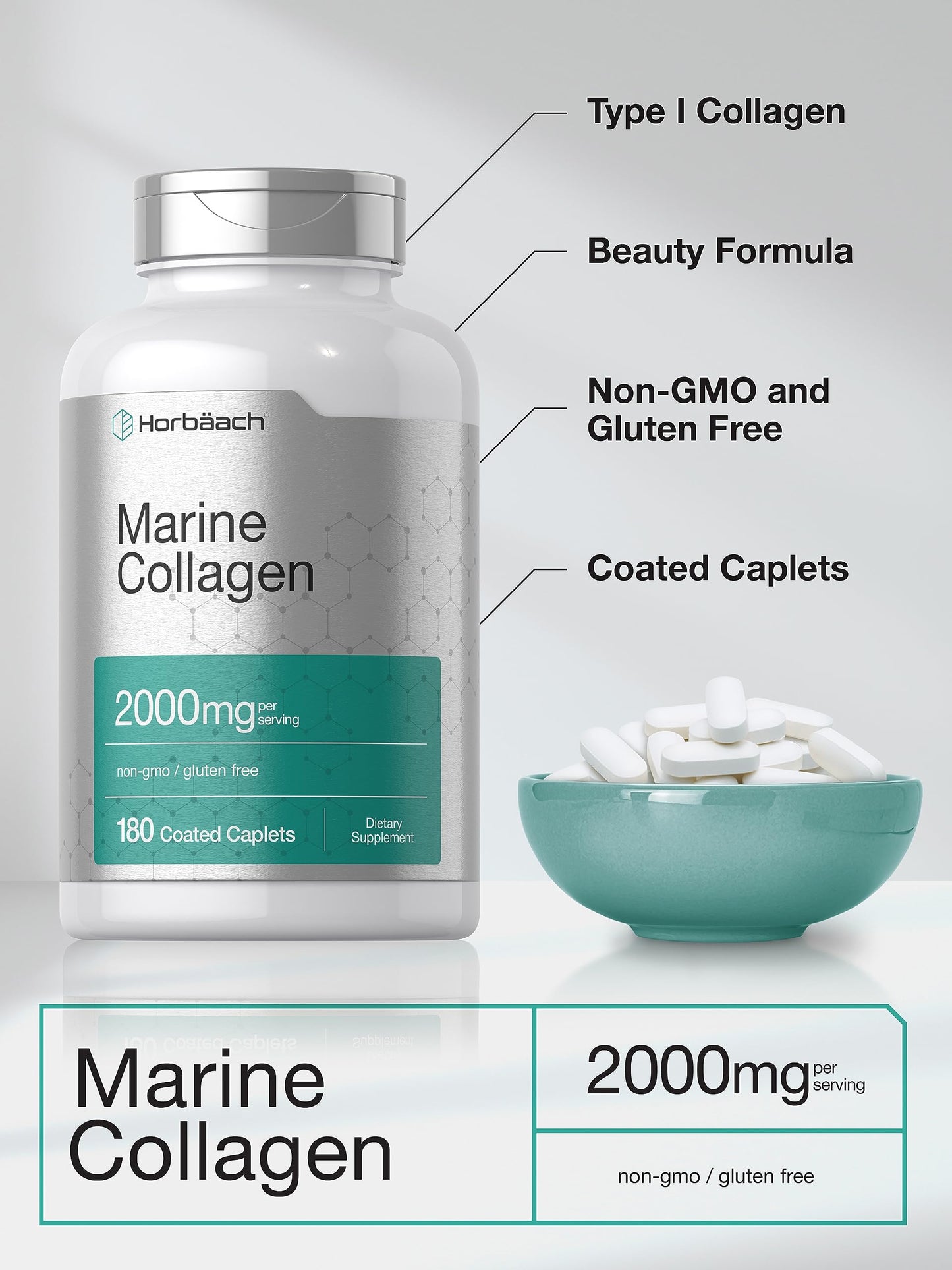 Horbäach Marine Collagen Peptides 2000mg Caplets 180 Count