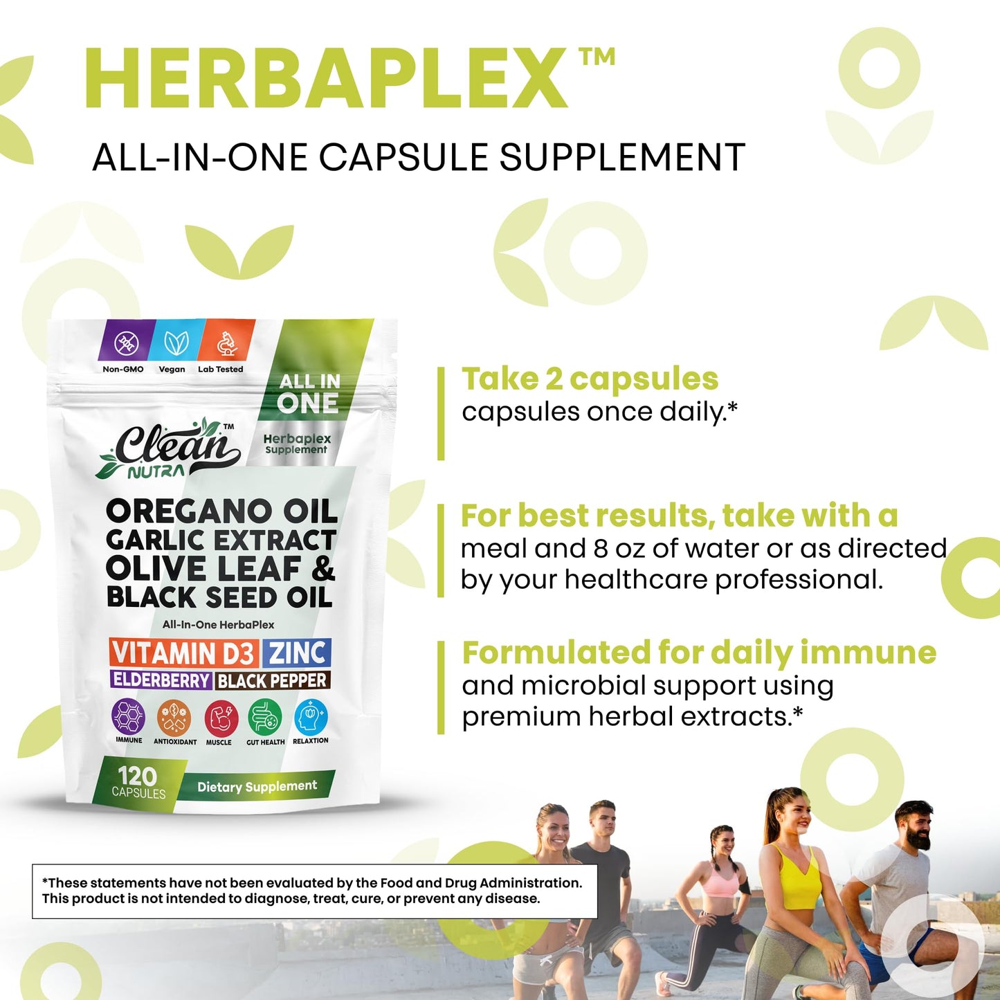 Clean Nutraceuticals Herbaplex Immune Support Immunity Blend Vitamin D Zinc Gluconate Oregano Oil Extract Black Cumin Garlic Olive Leaf Extract Elderberry Black Pepper 120 Capsules