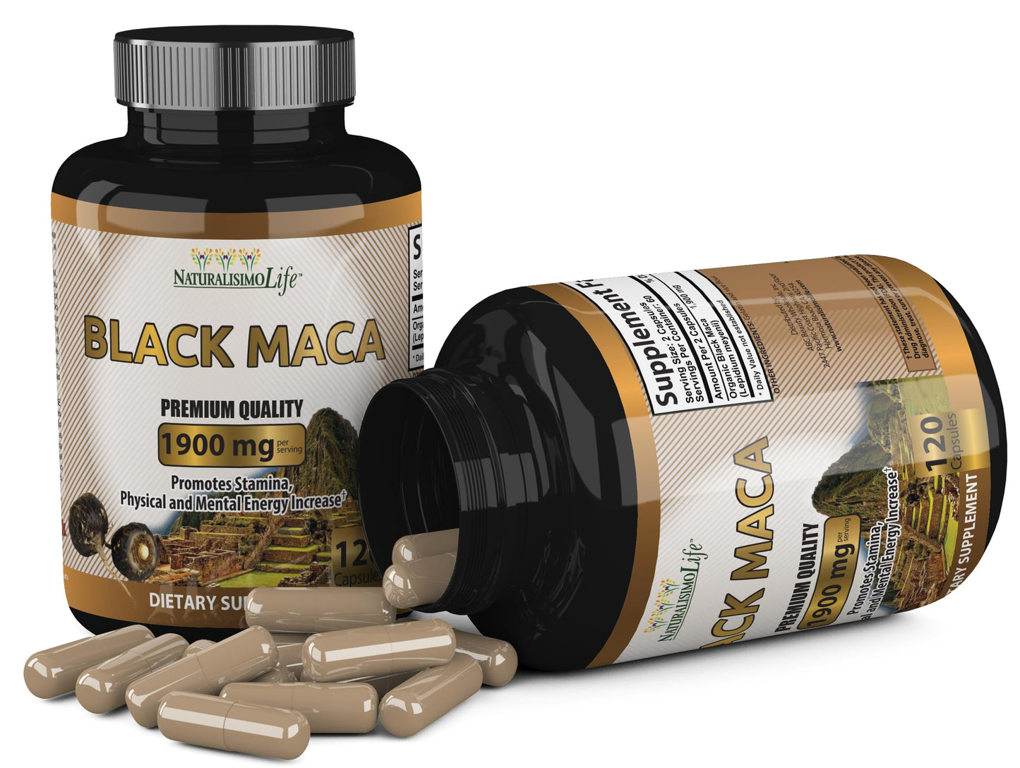 NaturalisimoLife Organic Black Maca 1,900 mg per Serving Natural Energy Booster Peruvian Maca for Men & Women Capsules, 120 Count