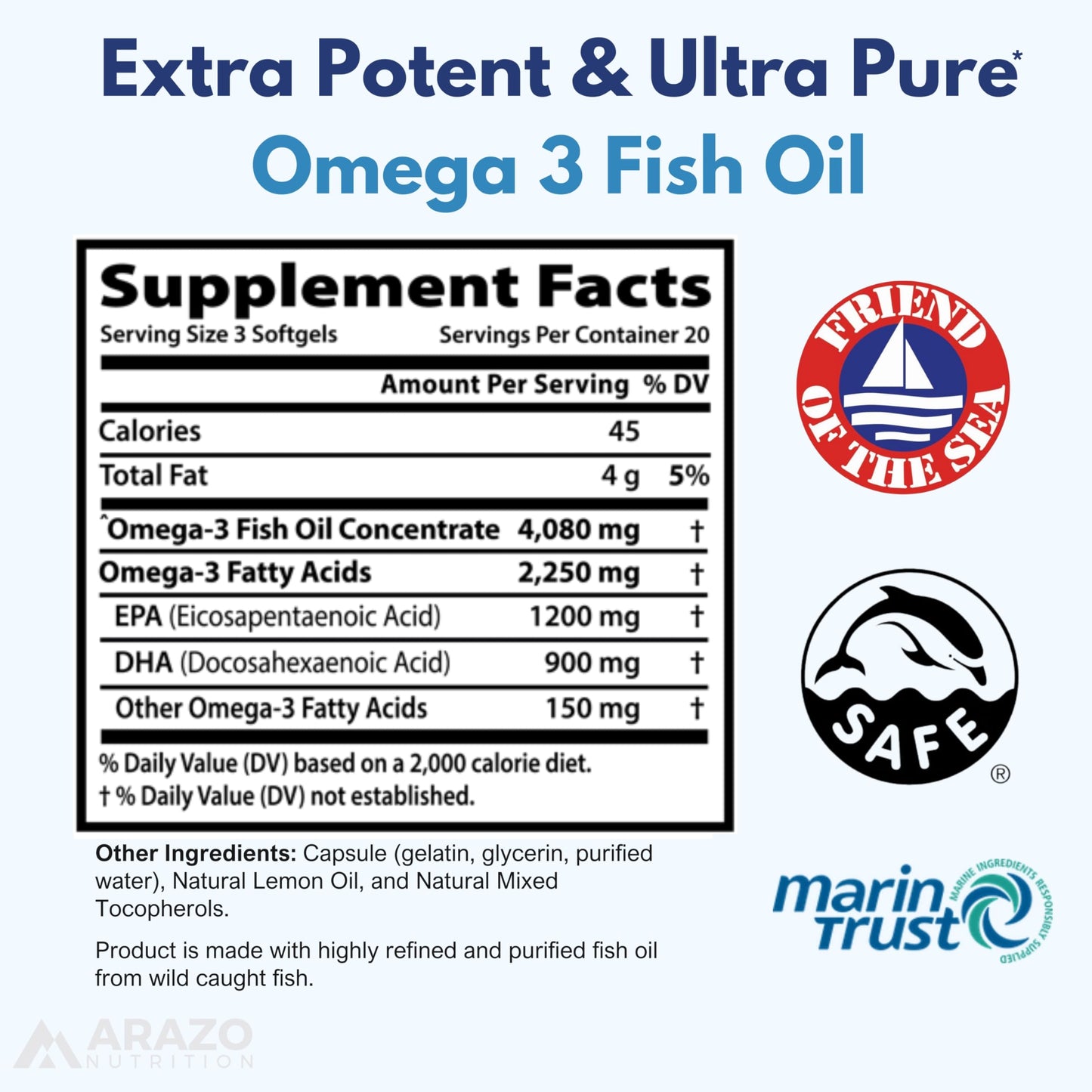 Arazo Nutrition Wild Caught Omega-3 Fish Oil Concentrate Softgels, 60 Count