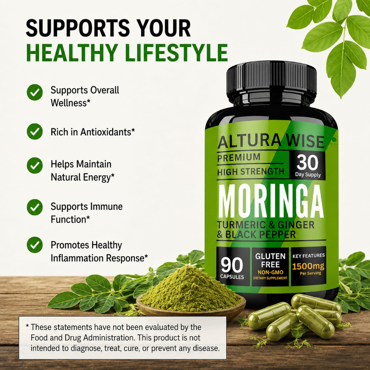 AlturaWise Moringa Capsules - Pure Moringa Oleifera Powder with Turmeric, Ginger & Black Pepper, 90 Capsules