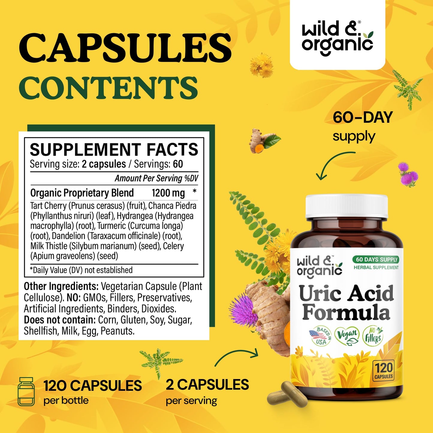 Wild & Organic Uric Acid Formula Capsules - Cleanse Support, 120 Capsules