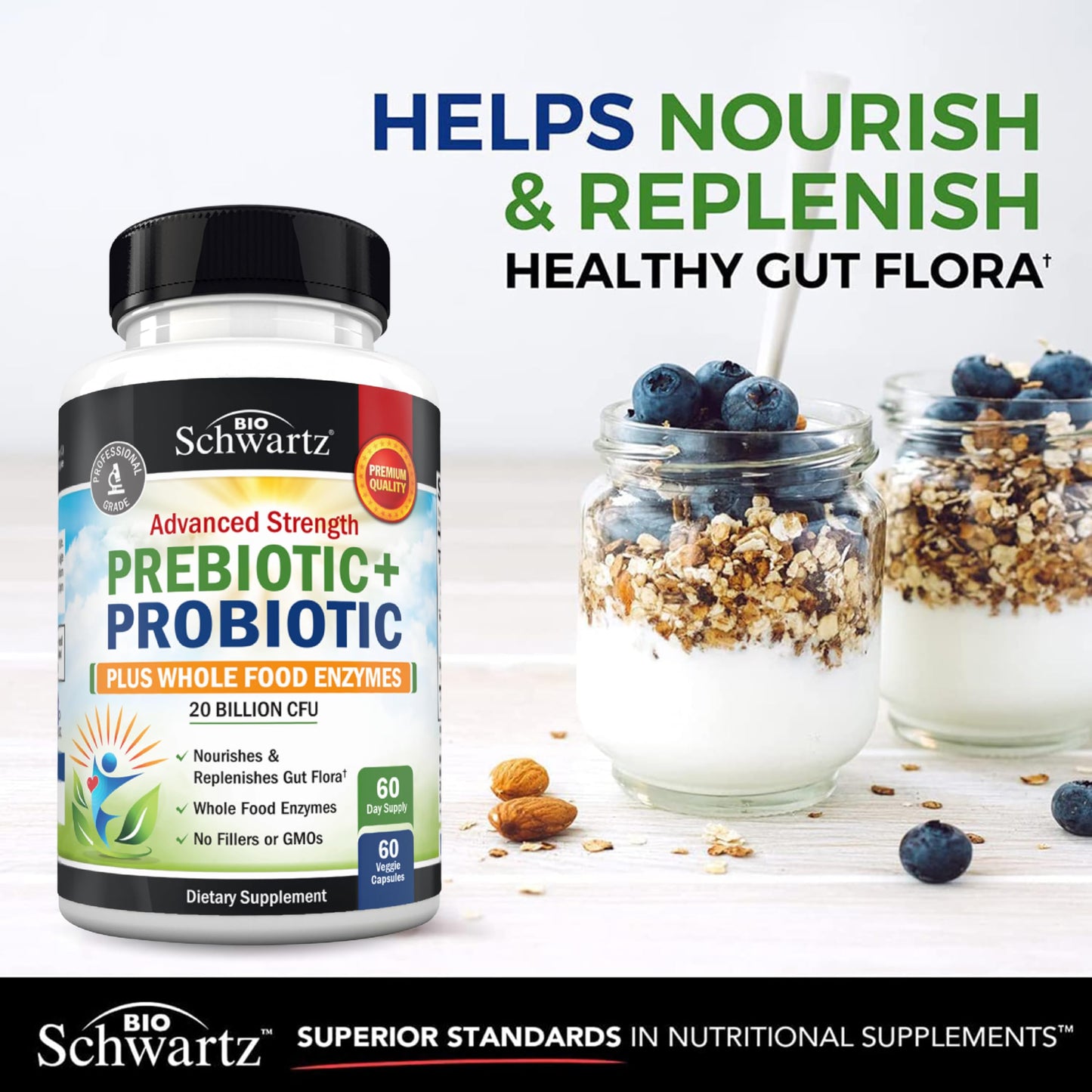 BioSchwartz Advanced Prebiotics and Probiotics for Women & Men, Immune, Digestive & Gut Health with L. Reuteri, Inulin Fiber, Digestive Enzymes, Non-GMO, Gluten-Free, Dairy-Free, 60 Capsules