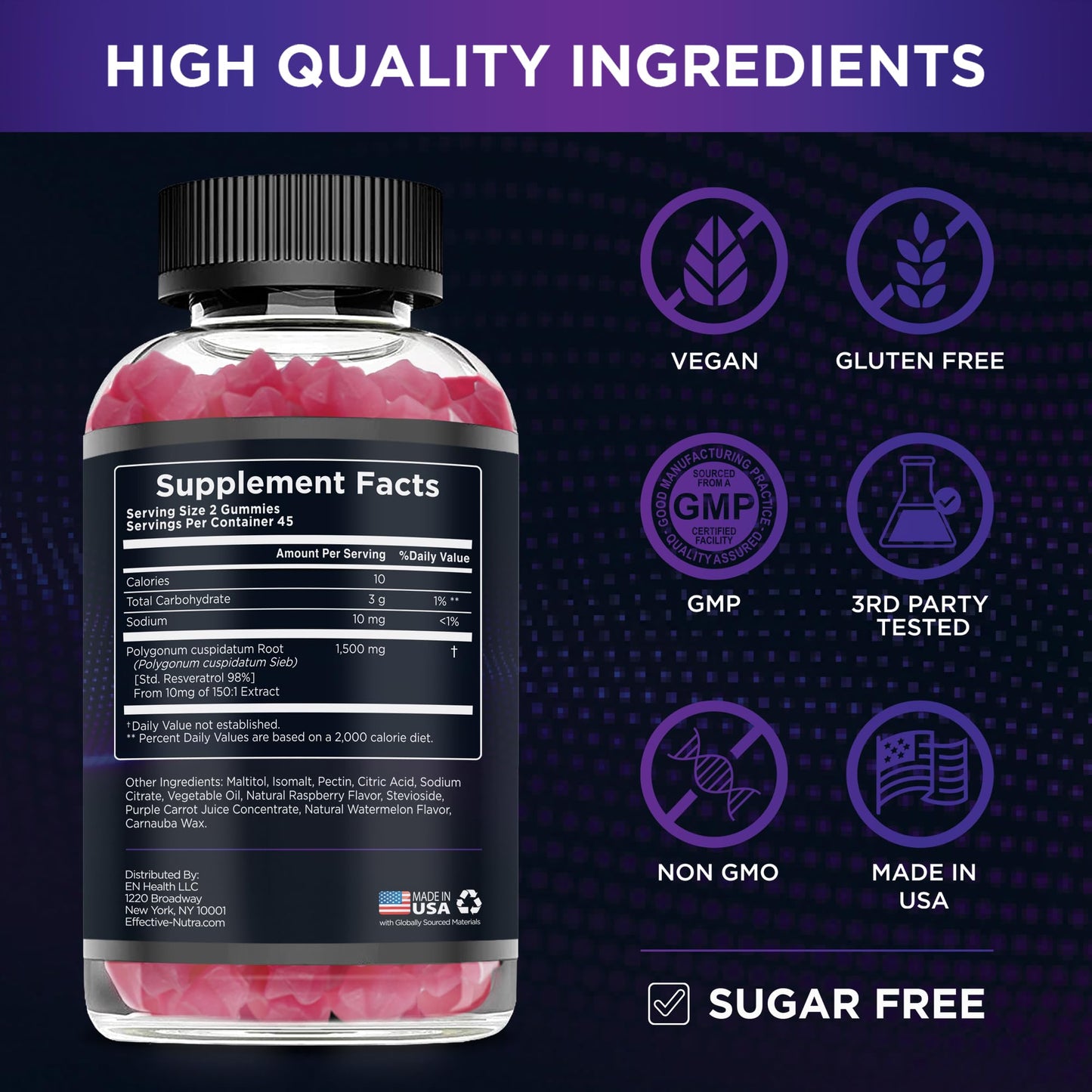 Effective Nutra Resveratrol Gummies 1500mg Raspberry Watermelon, 90 Count