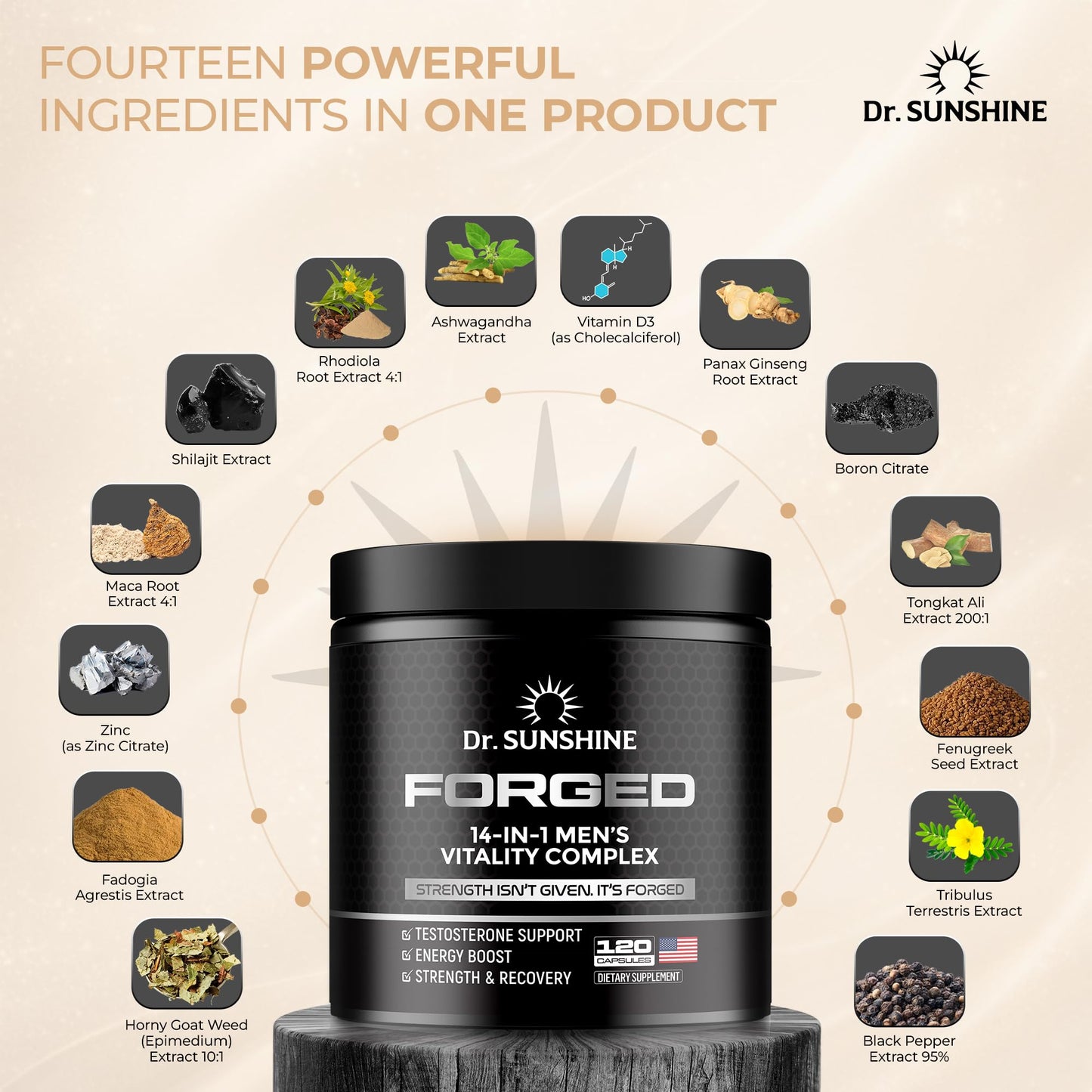 DR. SUNSHINE Forged Testosterone Supplement for Men 14 in 1 Natural Male Strength with Shilajit, Ashwagandha, Tongkat Ali – Muscle Builder Testosterone Booster for Men, Capsules, 120 Count