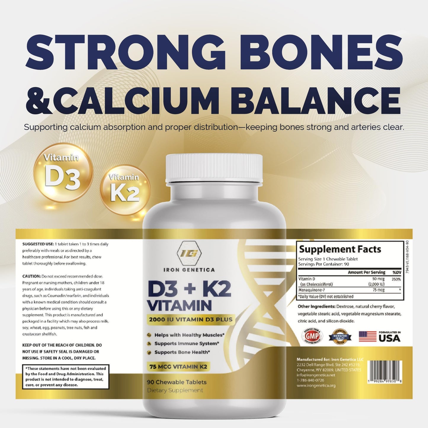 Iron Genetica Vitamin D3 + K2 (MK-7) Chewable 90 Count