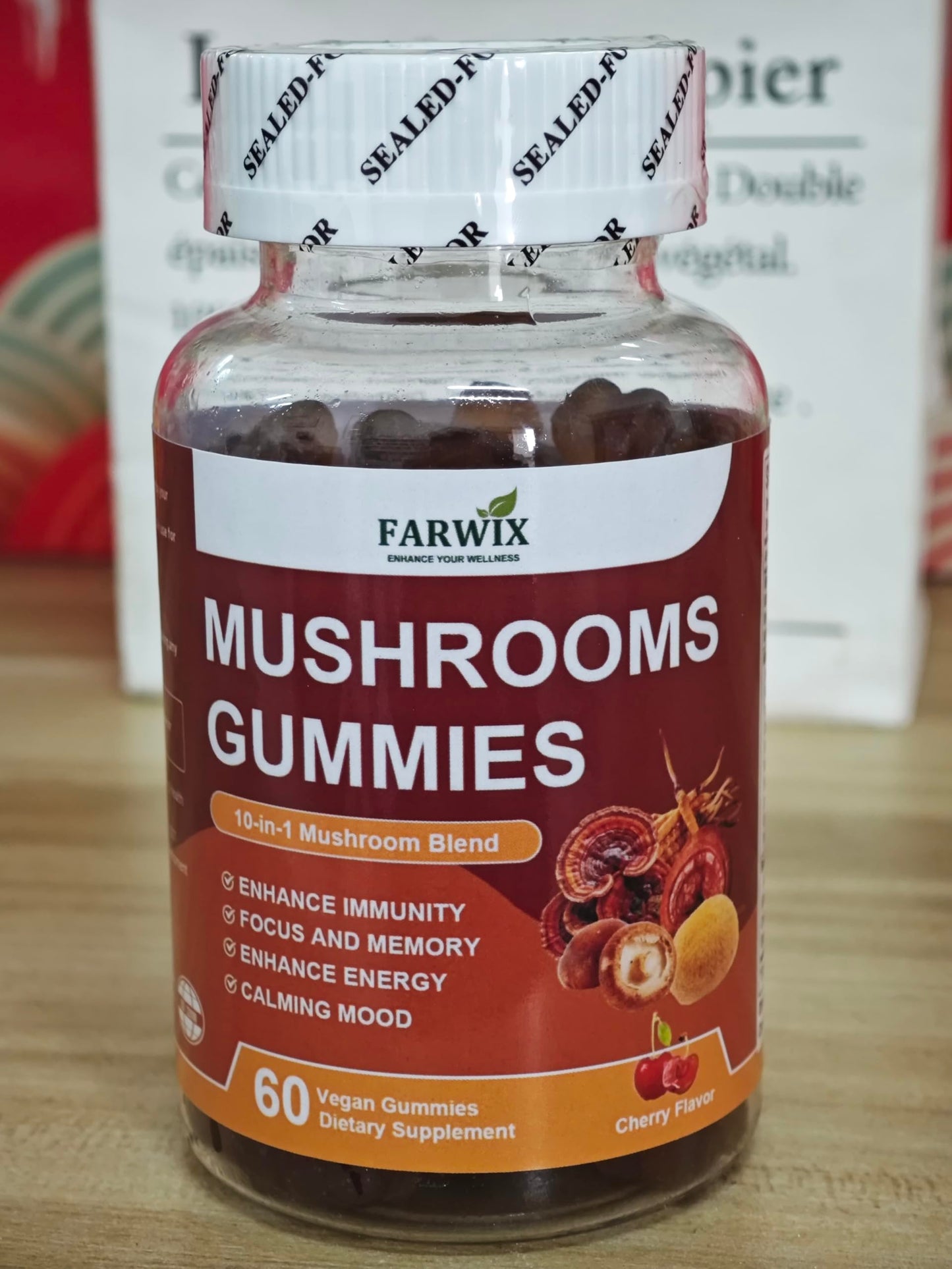 FARWIX Mushroom Gummies 10-Mushroom Blend with Lion’s Mane, Reishi & Cordyceps, Daily Focus, Energy & Balance Support, Vitamins & Botanical Extracts, Vegan Cherry Flavor, 60 Gummies
