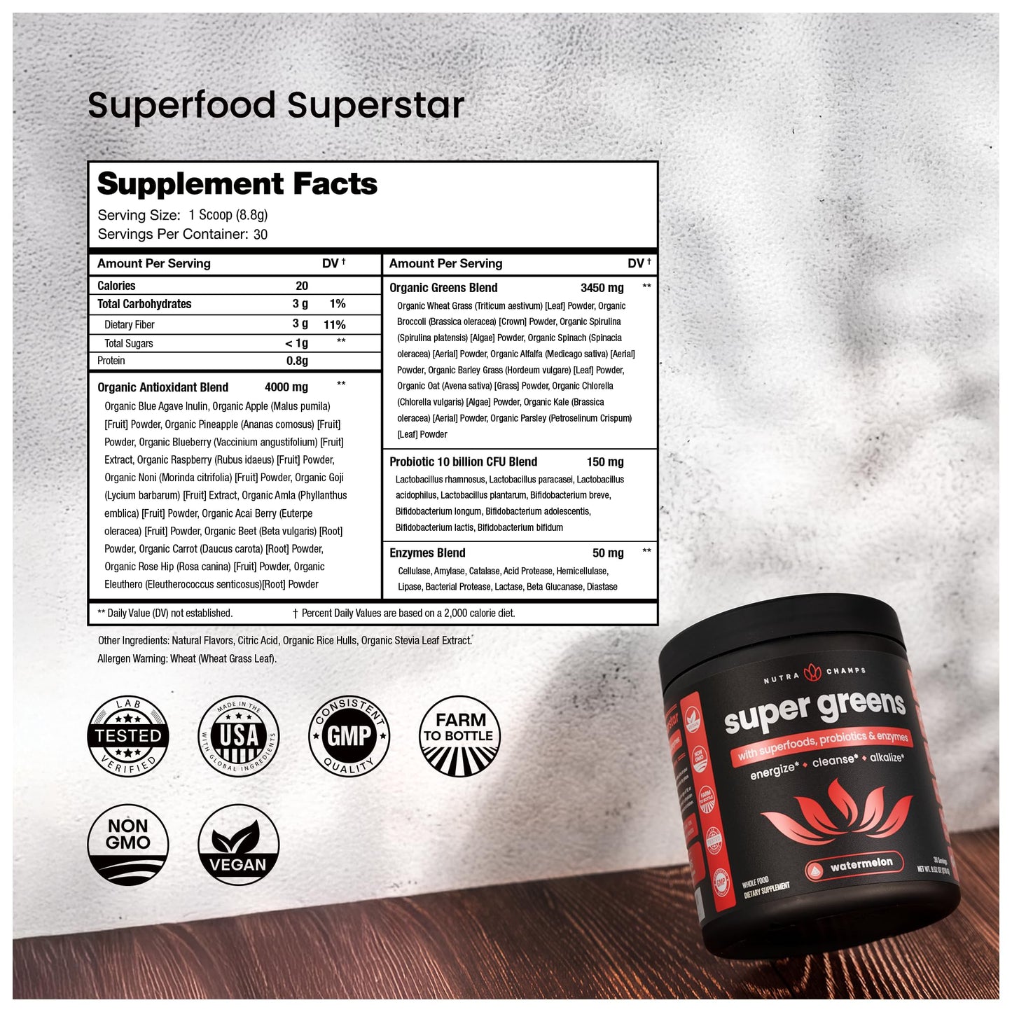 NutraChamps Super Greens Premium Superfood Powder 9 Ounces