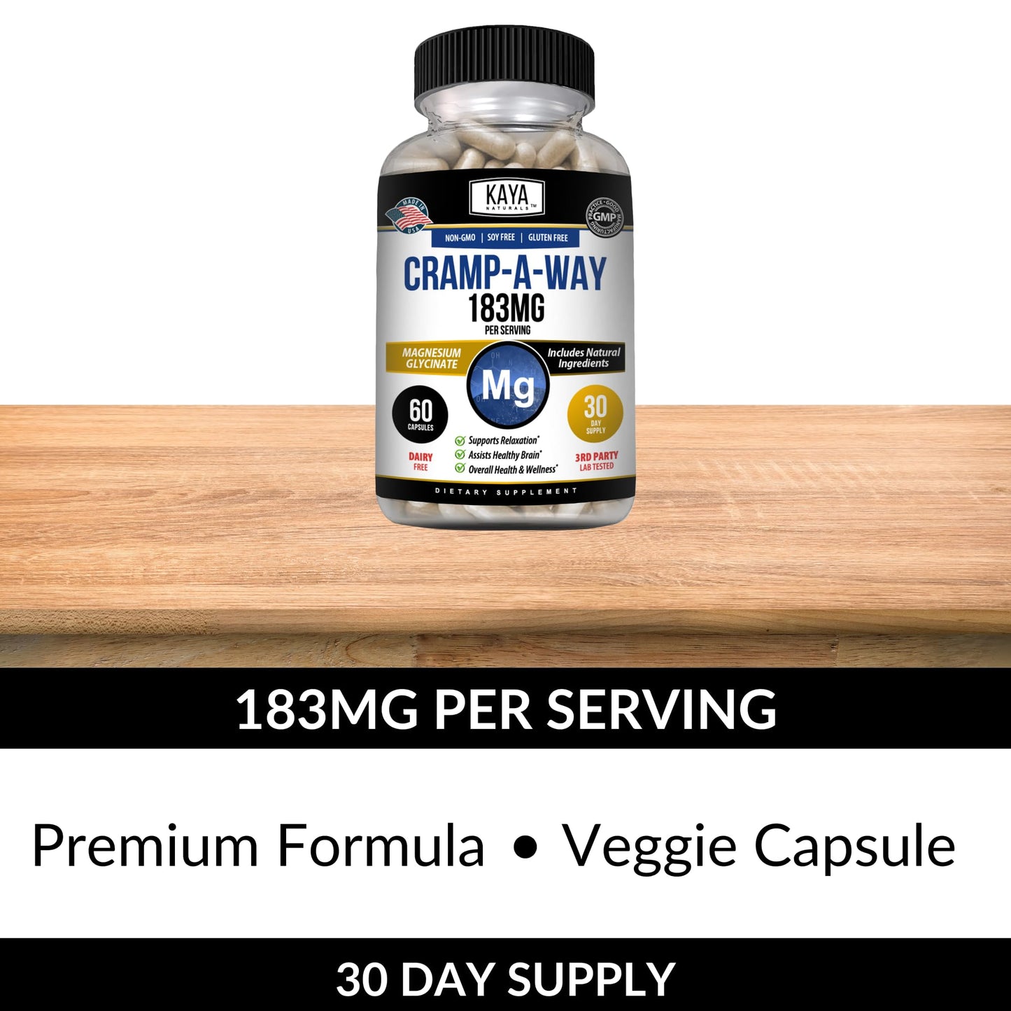 Kaya Naturals Cramp-A-Way Magnesium Glycinate 183mg Capsule, 60 Count