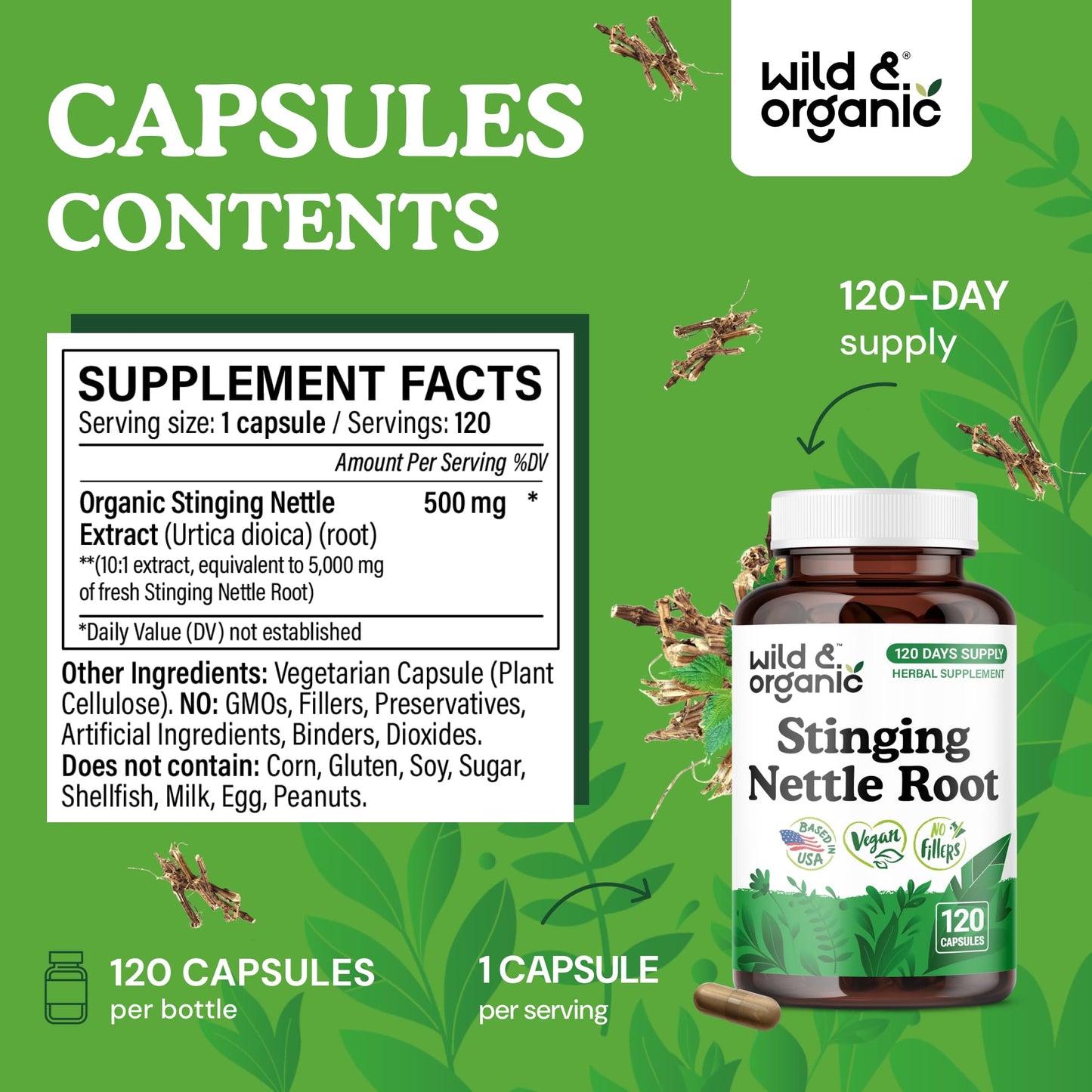 Wild & Organic Stinging Nettle Root Extract Capsule 120 Capsules