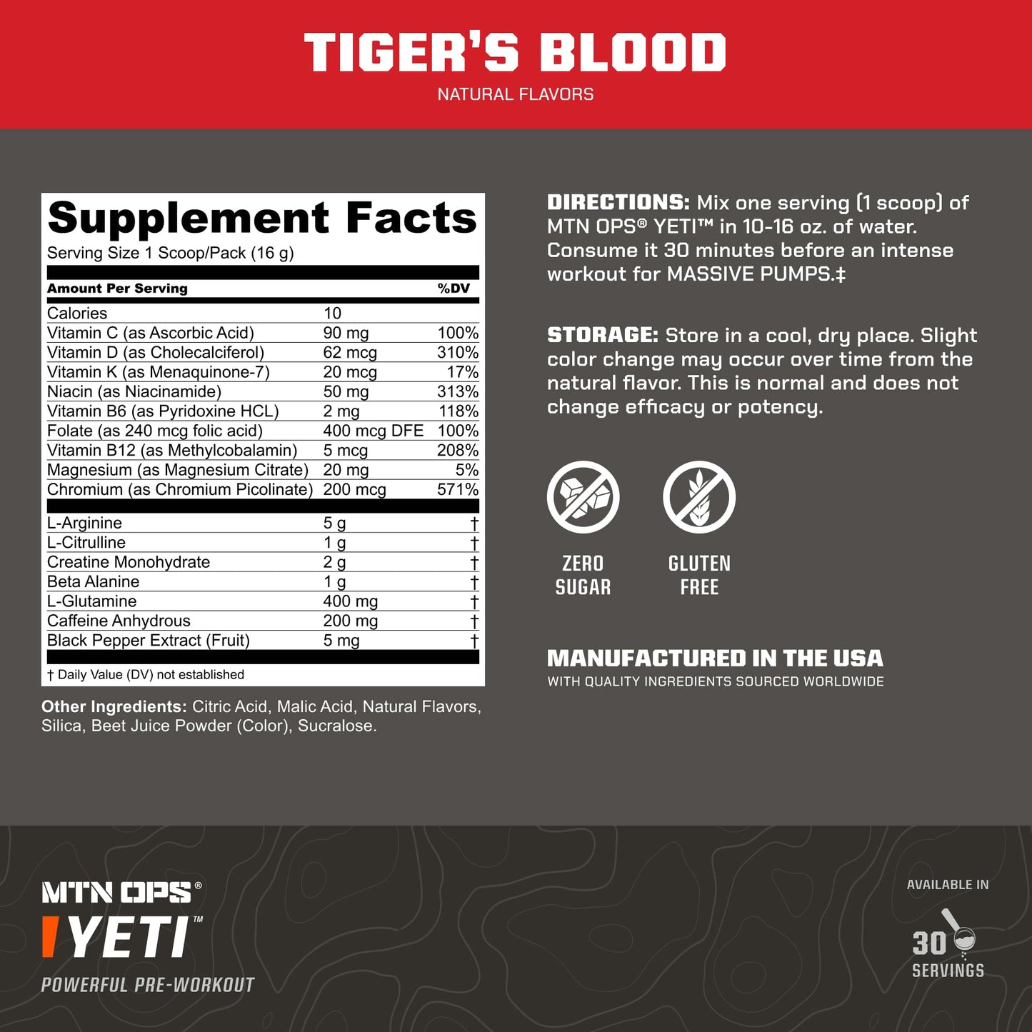 MTN OPS Yeti Pre-Workout with Creatine Tiger's Blood Powder 30 Servings