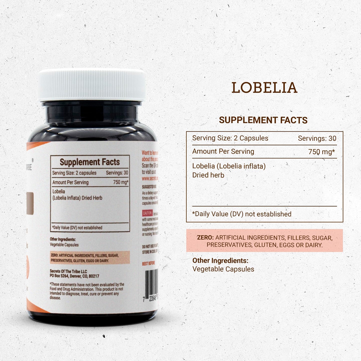 Secrets of the Tribe Lobelia Inflata Dried Herb 750 mg Capsules, 60 Count