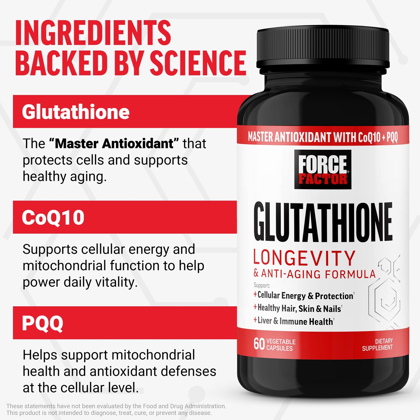 Force Factor Glutathione Longevity & Anti-Aging, Reduced Glutathione Supplement with CoQ10 & PQQ, Master Antioxidant Formula to Support Immune Health, Skin, Cellular Energy & Liver Detox, 60 Capsules