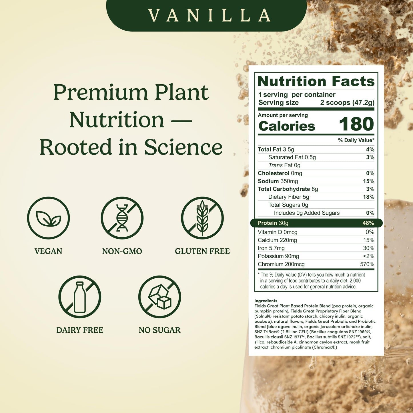 Field's Great Plant-Based Protein with Fiber Protein Powder 6.64 Ounces