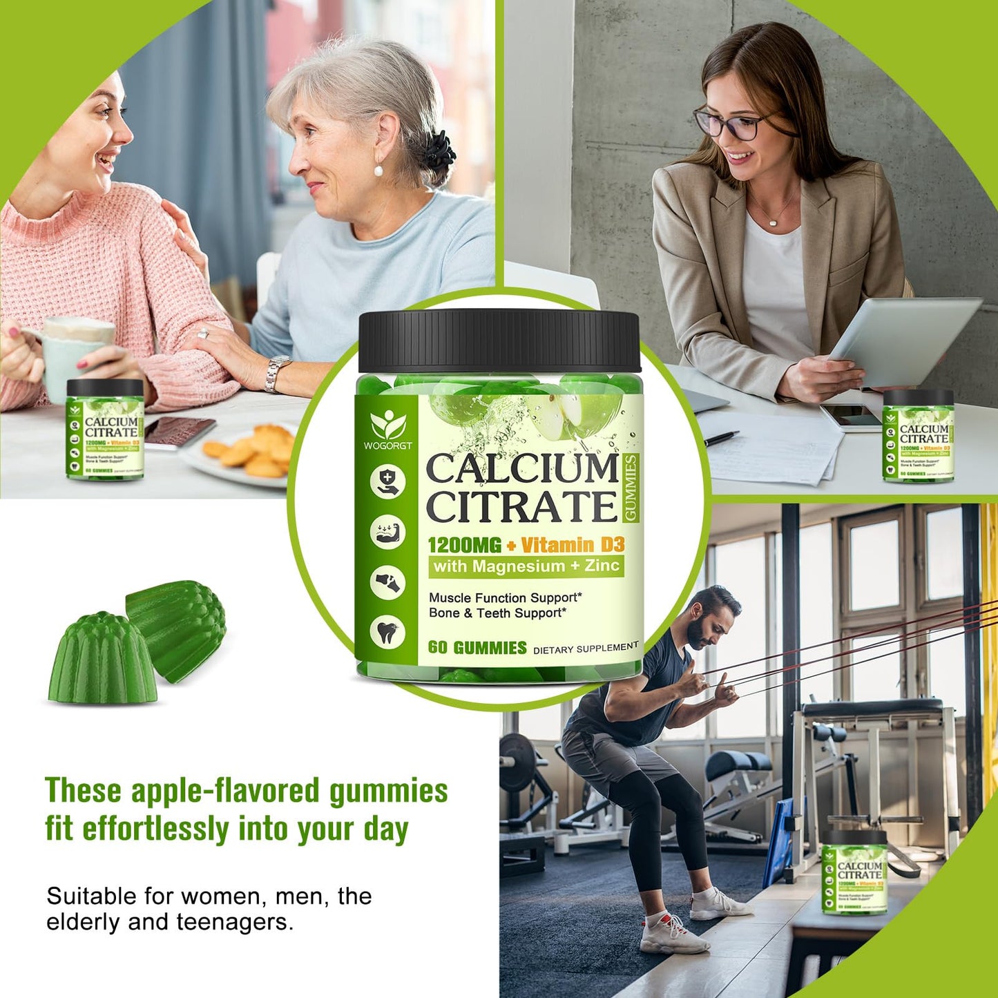 WOGORGT Calcium Citrate 1200mg with Vitamin D3 Gummies, 120 Gummies