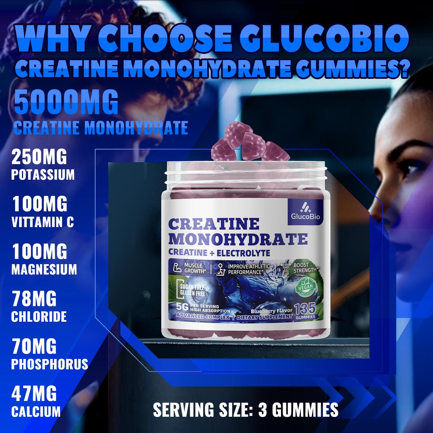 GlucoBio Creatine Monohydrate Gummies, 135 Count