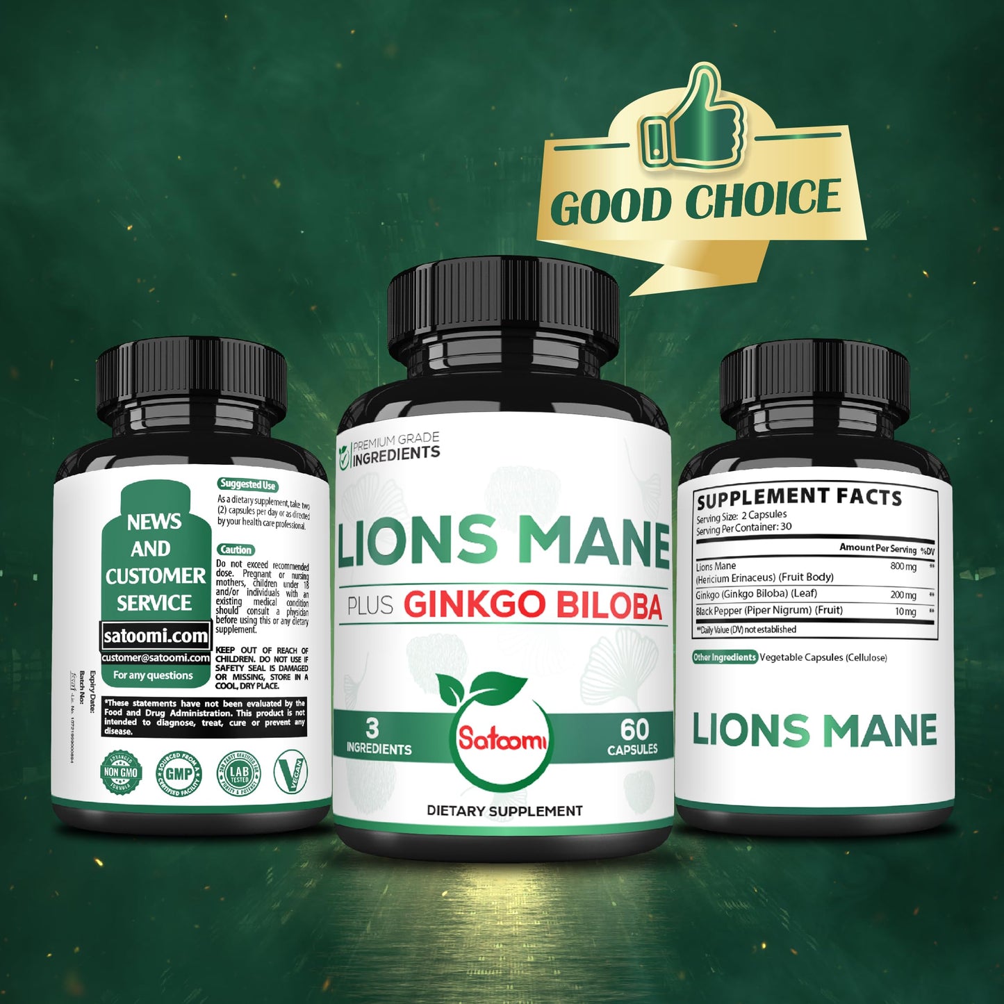 Satoomi Lions Mane with Ginkgo Biloba Supplement Capsule, 60 Count