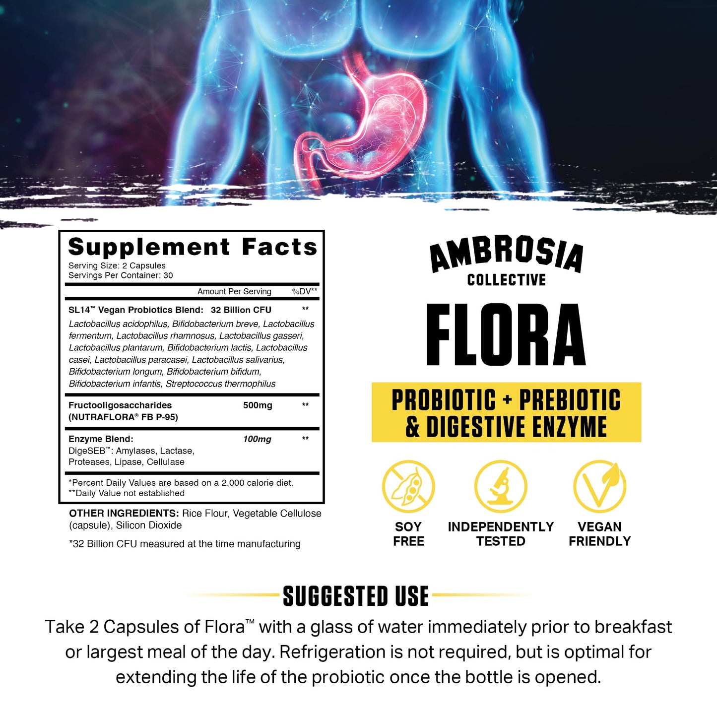 Ambrosia Flora Digestive Enzymes with Probiotics & Prebiotics Capsules, 30 Count