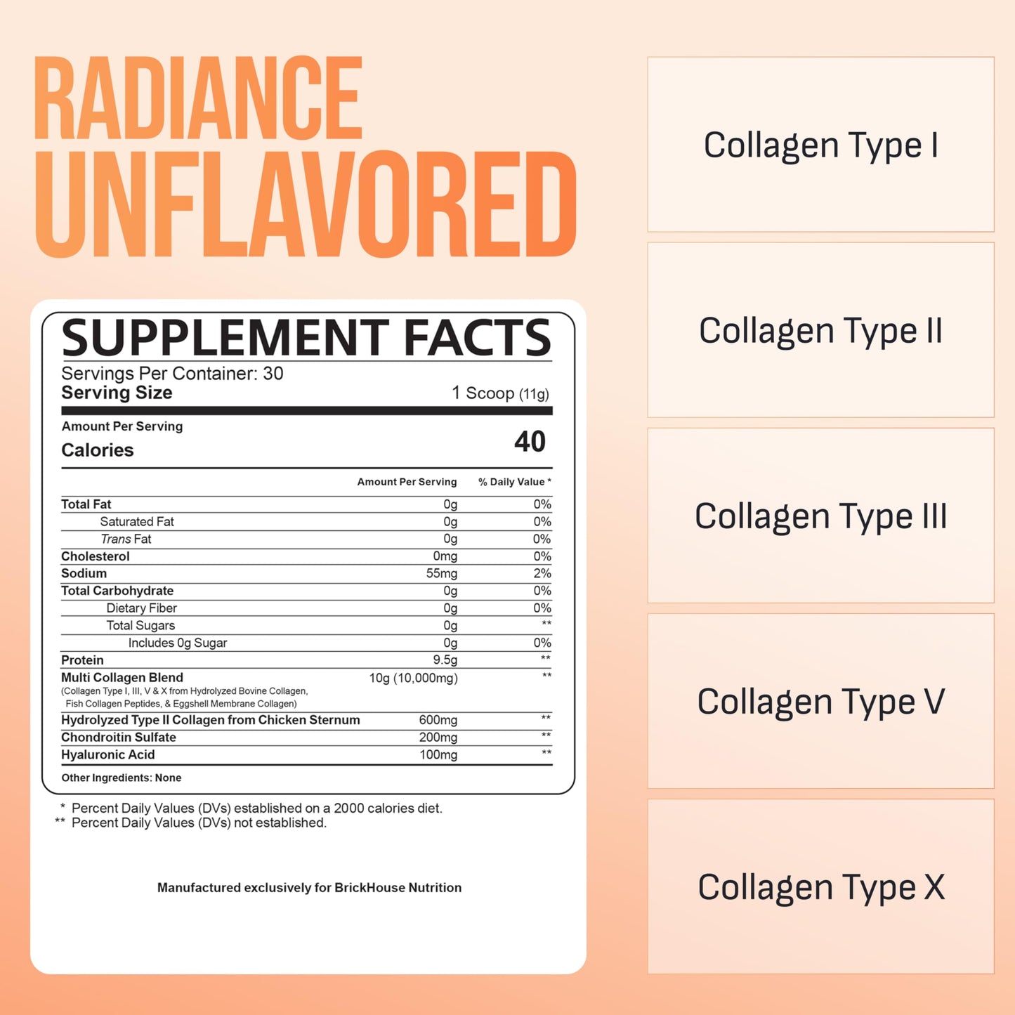 BRICKHOUSE NUTRITION Radiance Collagen Peptides Powder for Skin & Hair Growth - Unflavored, 12