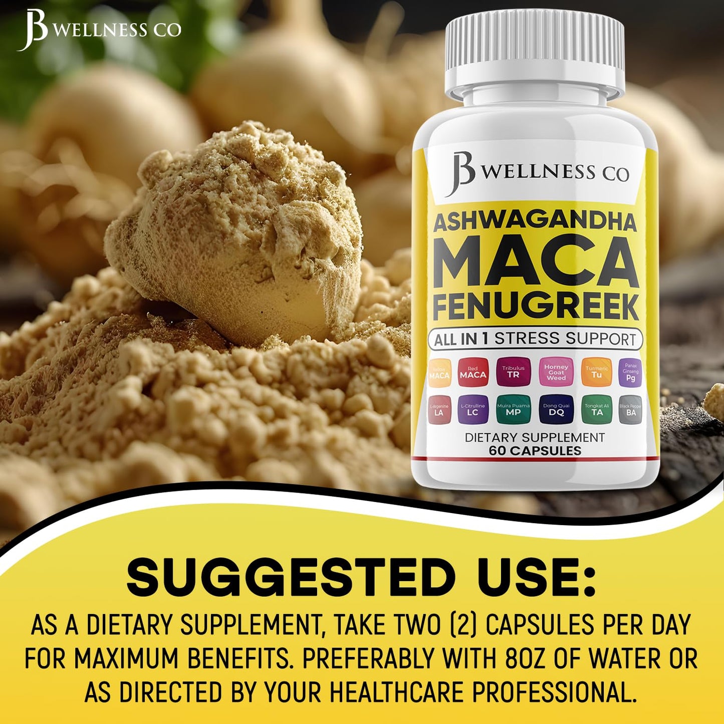 JB Wellness Co Ashwagandha Maca Root Fenugreek Supplement with Tongkat Ali Ginseng Capsule, 120 Count