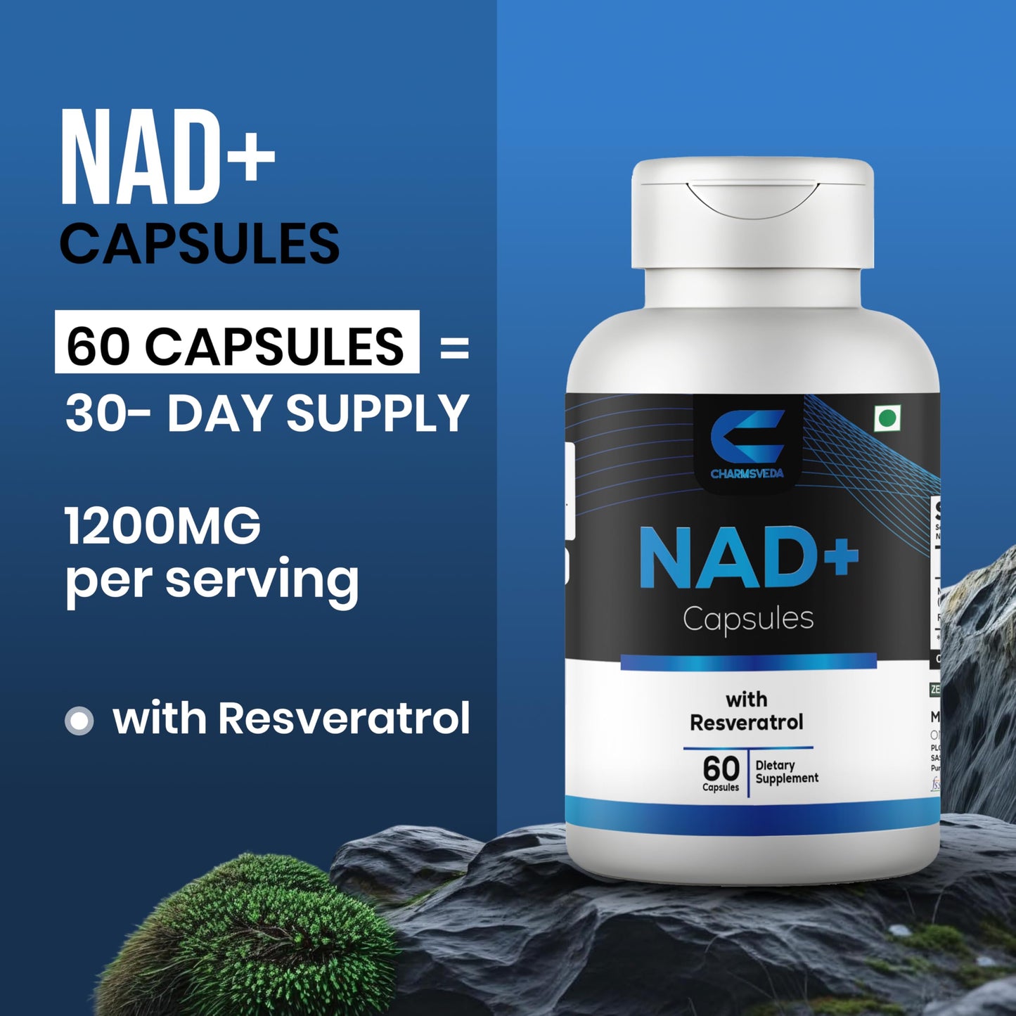 CHARMSVEDA NAD+ Capsules with Resveratrol & Black Pepper, 60 Vegan Capsules