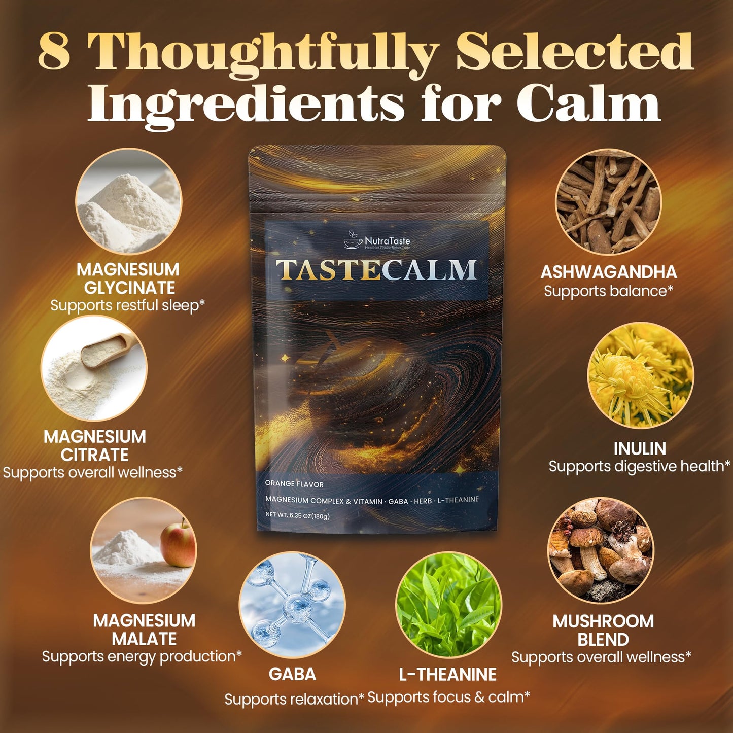 NUTRATASTE HEALTHIER CHOICE RICHER TASTE Calm Magnesium Powder with Ashwagandha, L-Theanine, GABA & 6 Mushrooms Magnesium Glycinate Supplement, 6.35 oz
