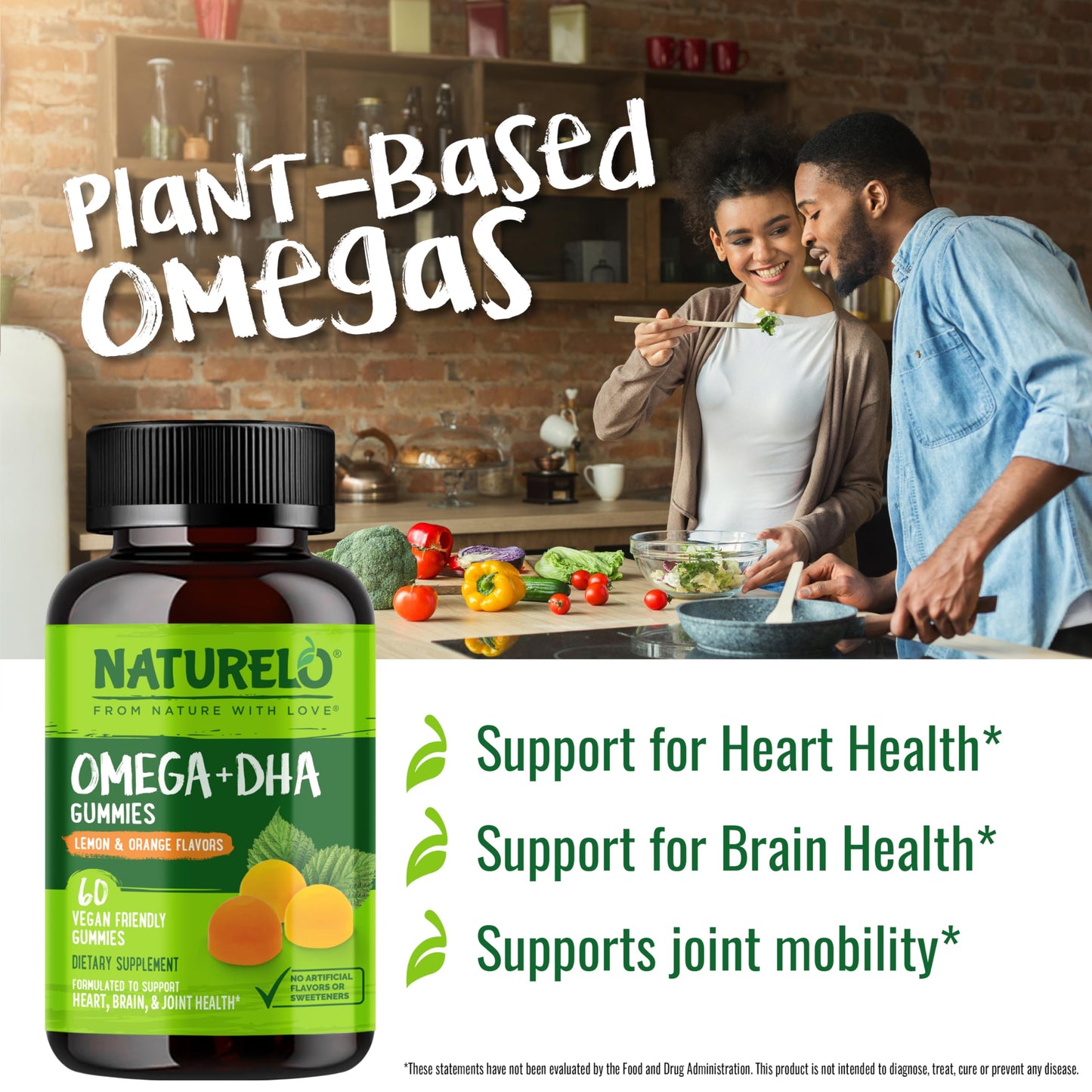 NATURELO Vegetarian DHA and Omega 3 Supplement from Algae and Chia Seed Oil Gummies, 60 Gummies