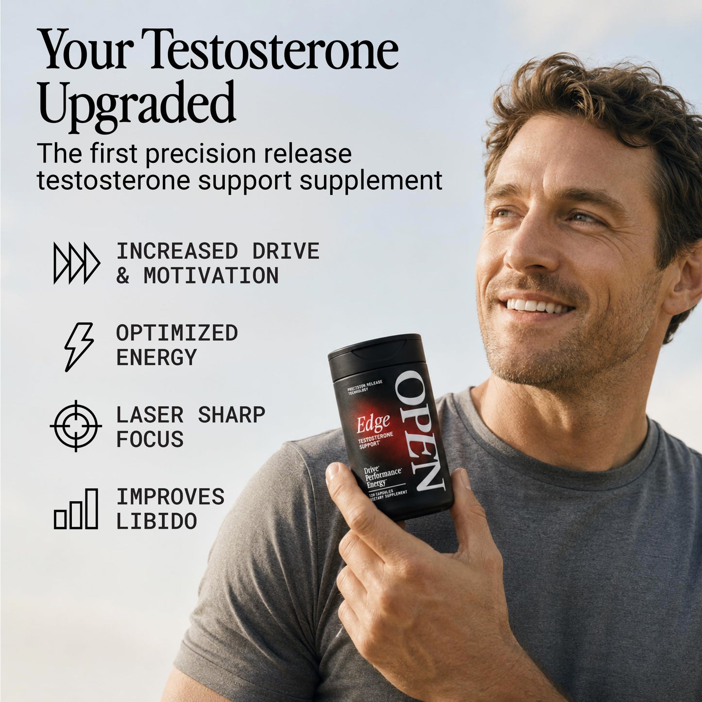 OPEN Essentials Testosterone Booster for Men - Drive, Energy & Muscle Support - 11-in-1 Formula, Tongkat Ali, KSM-66 Ashwagandha, Fenugreek, Boron, DIM - 120 Capsules