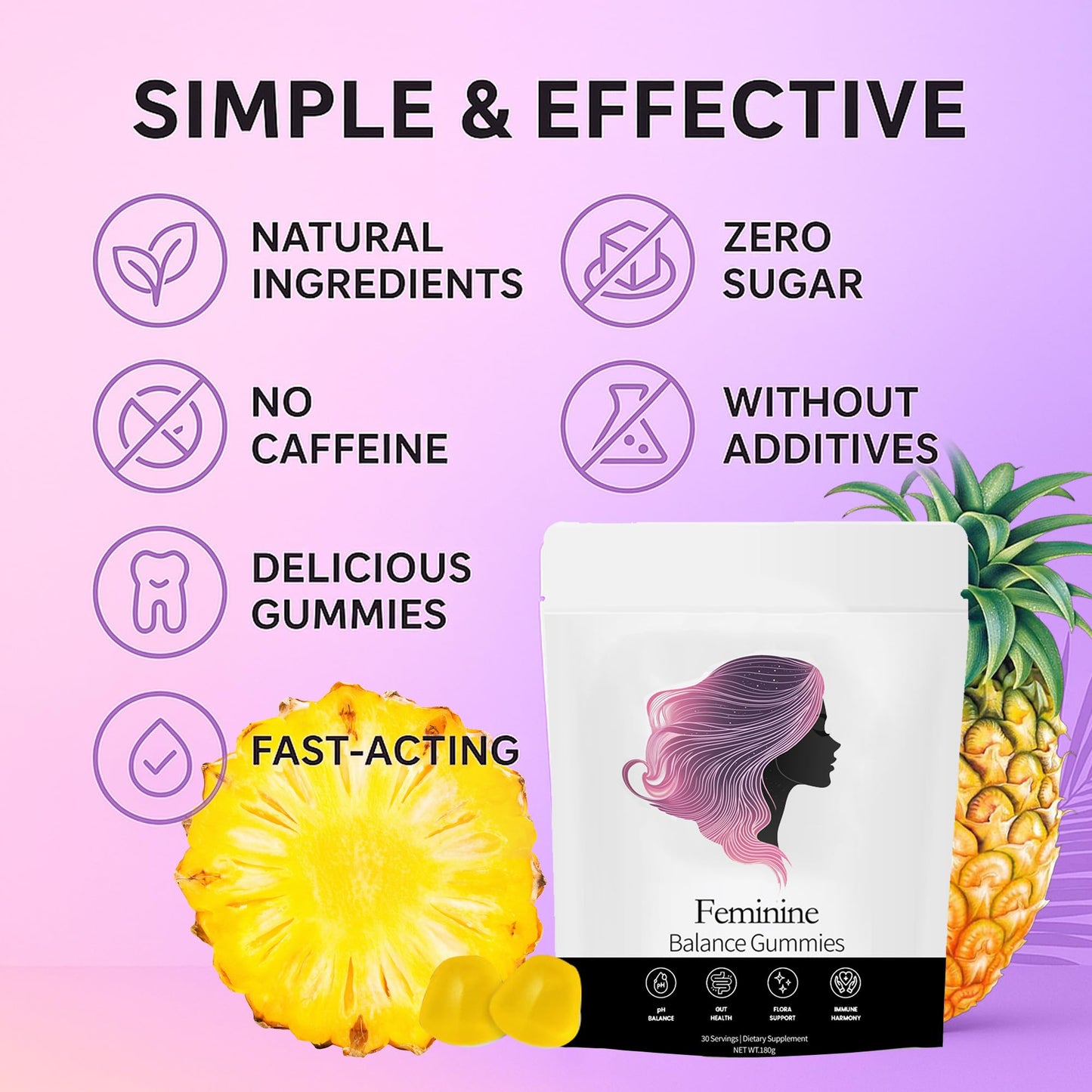 NEWUREHO Feminine Balance Gummies, Pineapple Probiotic Blend, Hawaiian Pineapple Flavor, 60 Gummies
