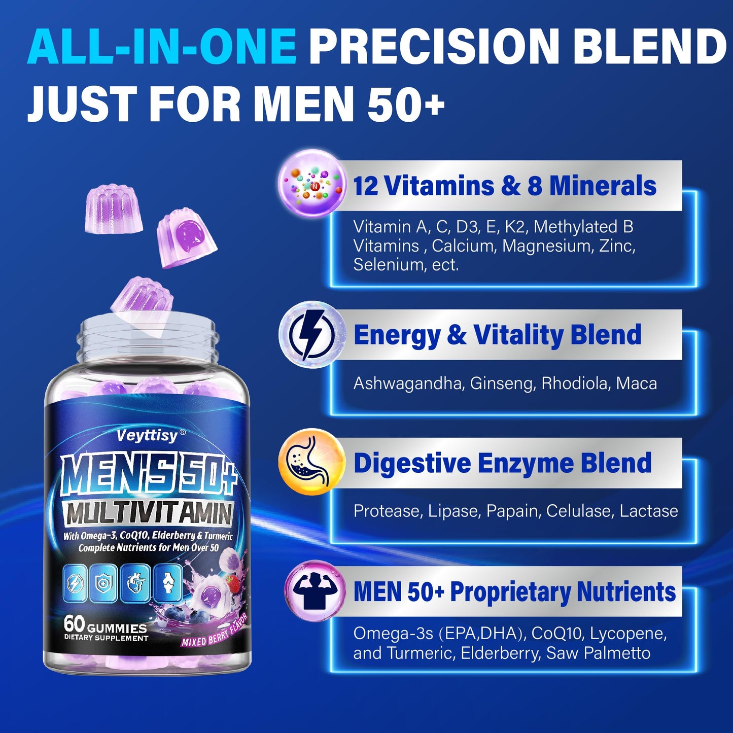 Veyttisy Sugar Free Multivitamin Gummies for Men 50 Plus - Methylated Multivitamin with Omega-3, CoQ10, Elderberry & Turmeric for Energy, Immune, Gut Health Support - Vegan, Non-GMO, Gluten-Free 120 Gummies