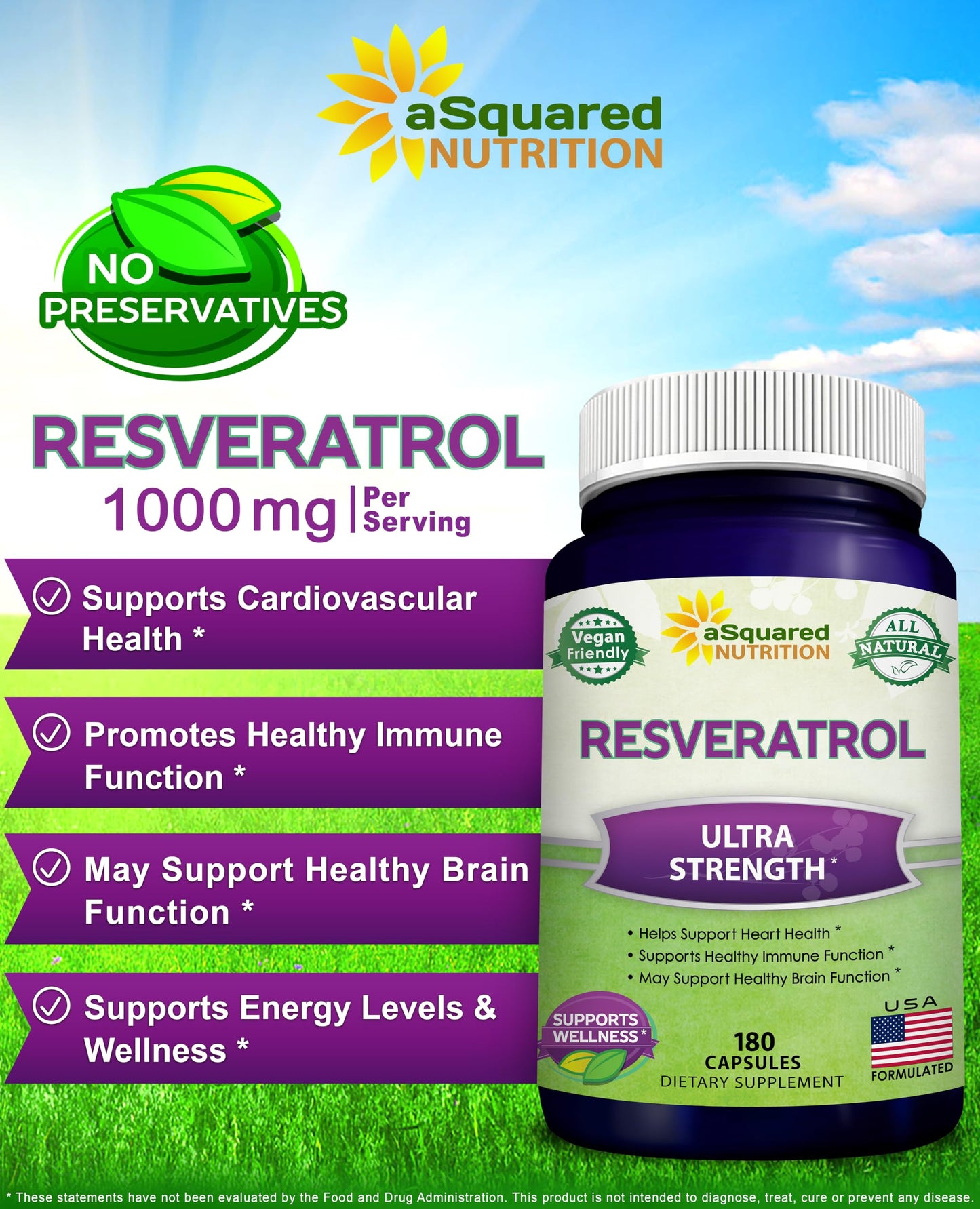aSquared Nutrition Resveratrol 1000mg Capsules 180 Count