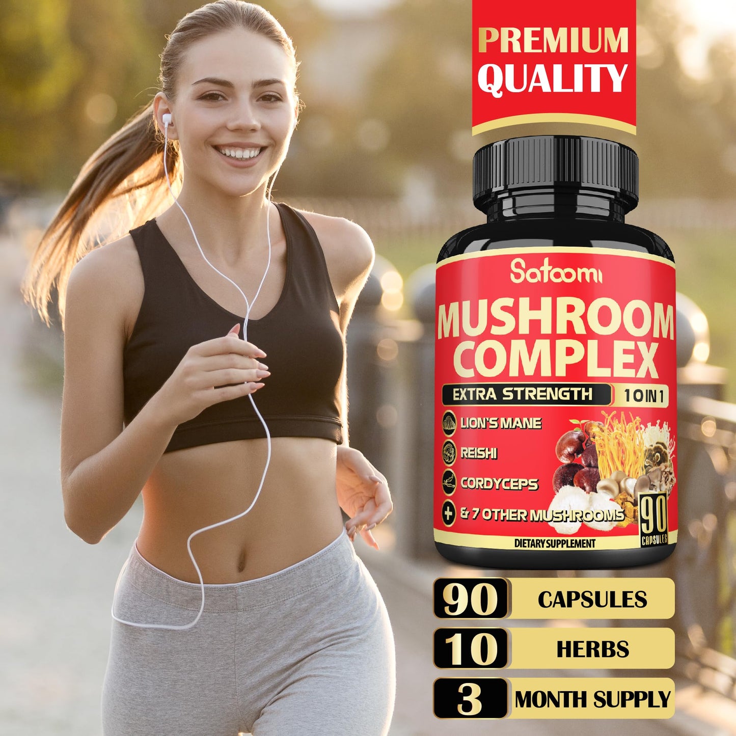 Satoomi 10-in-1 Mushroom Supplement Complex Capsules 90 Count